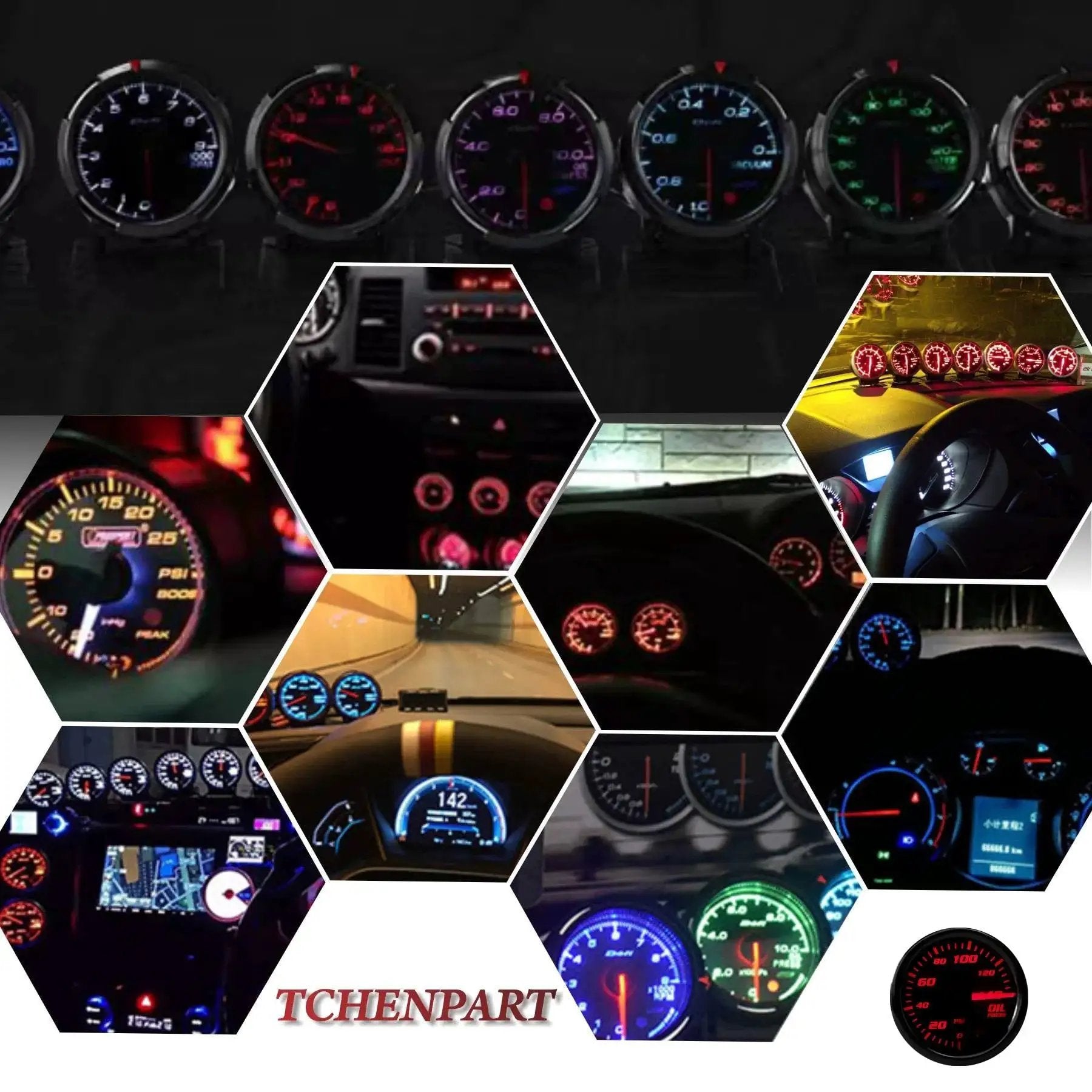 7 Color LED Backlit Oil Pressure Gauge 0-140 PSI 52mm 2 And 1 16 Inch Dial With Sensor Displayed in Various Lighting Settings