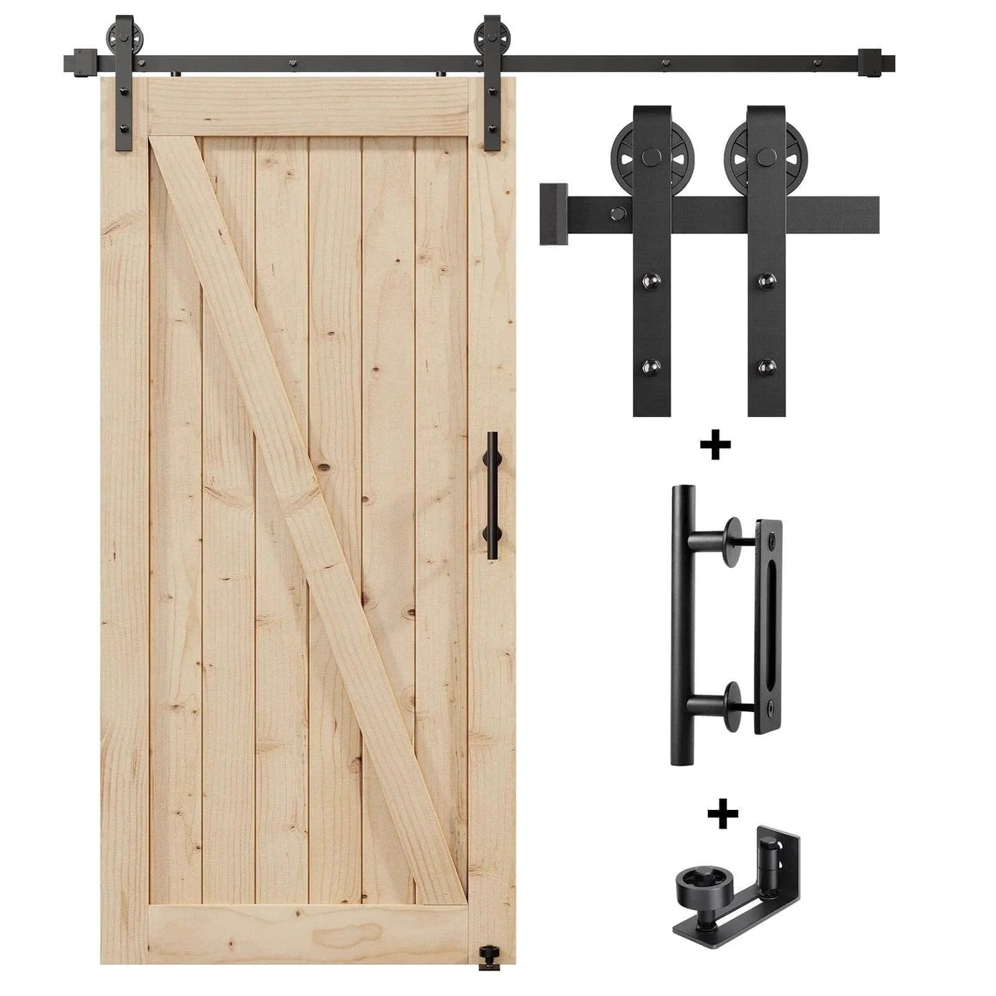 EaseLife Six Point Six Feet Sliding Barn Door Hardware Track Kit And Handle With Industrial Spoke Wheel Pulley Wall Mount Black 79 Inch Rail Fits 36 To 38 Inch Openings For Space Saving Smooth Quiet Glide Easy Install No Door Included, showing wooden door and black hardware components