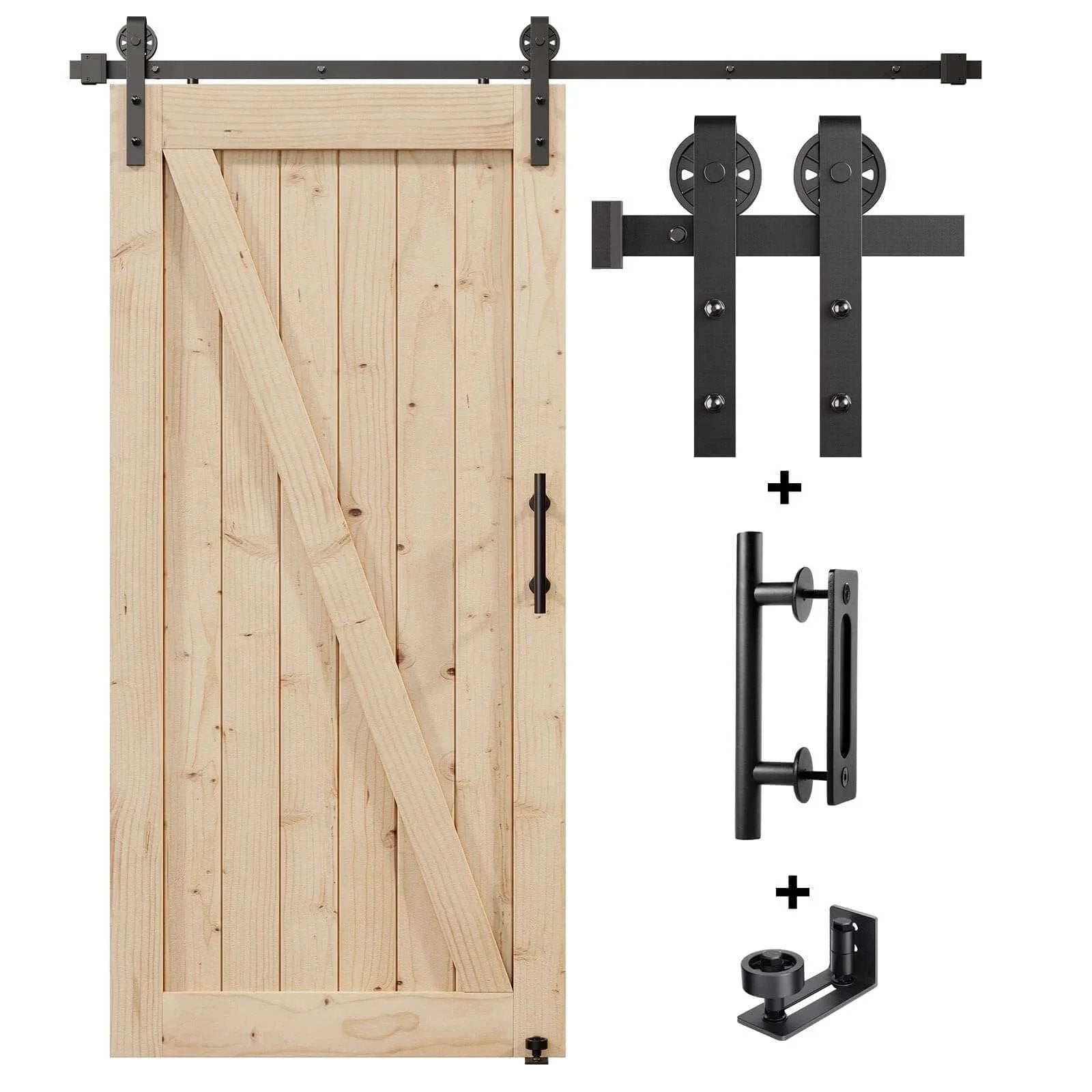 EaseLife Six Point Six Feet Sliding Barn Door Hardware Track Kit And Handle With Industrial Spoke Wheel Pulley Wall Mount Black 79 Inch Rail Fits 36 To 38 Inch Openings For Space Saving Smooth Quiet Glide Easy Install No Door Included, showing wooden door and black hardware components