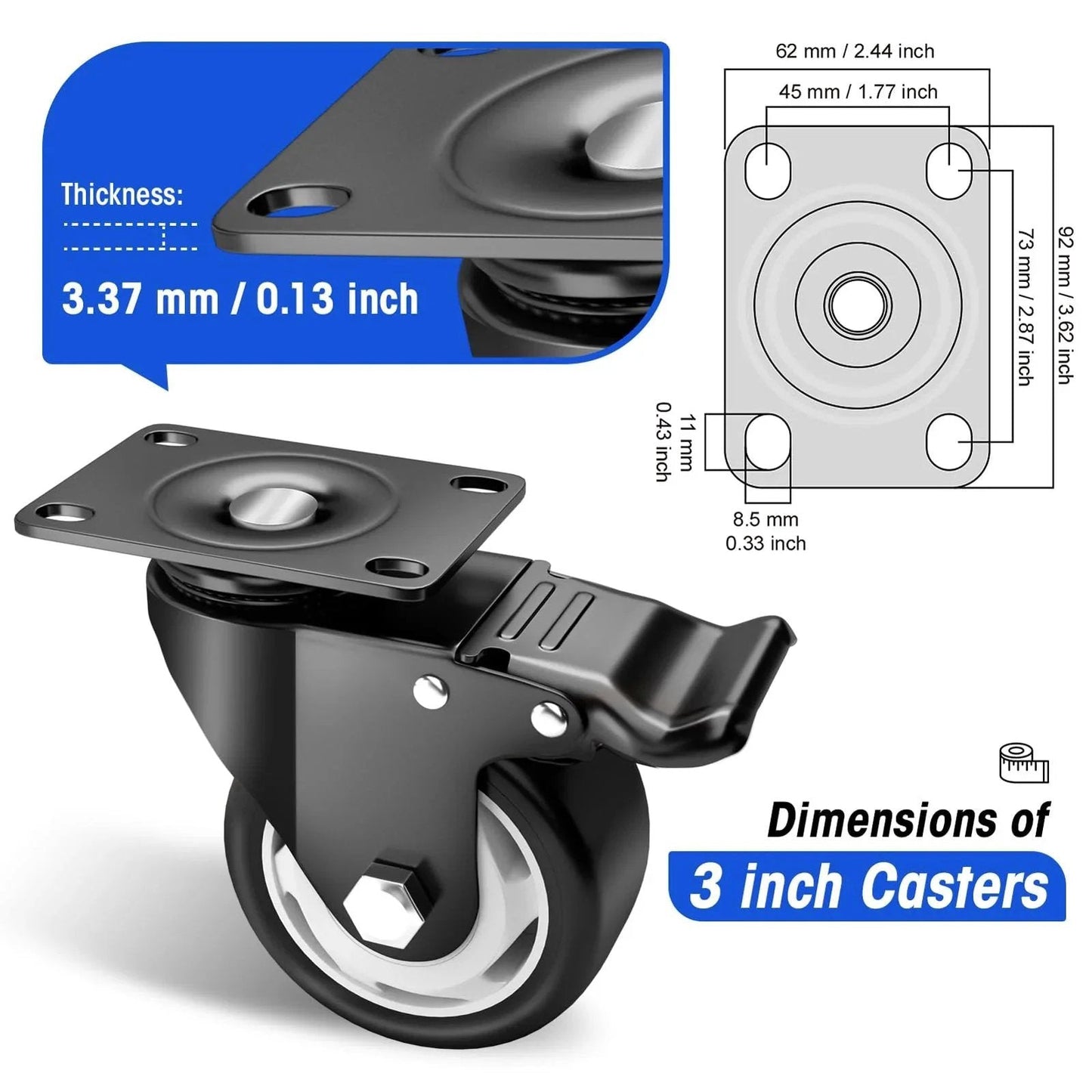 3 Inch Heavy Duty Caster Wheels Set Of 4 With Locking Industrial Swivel Casters showing wheel dimensions and plate thickness.