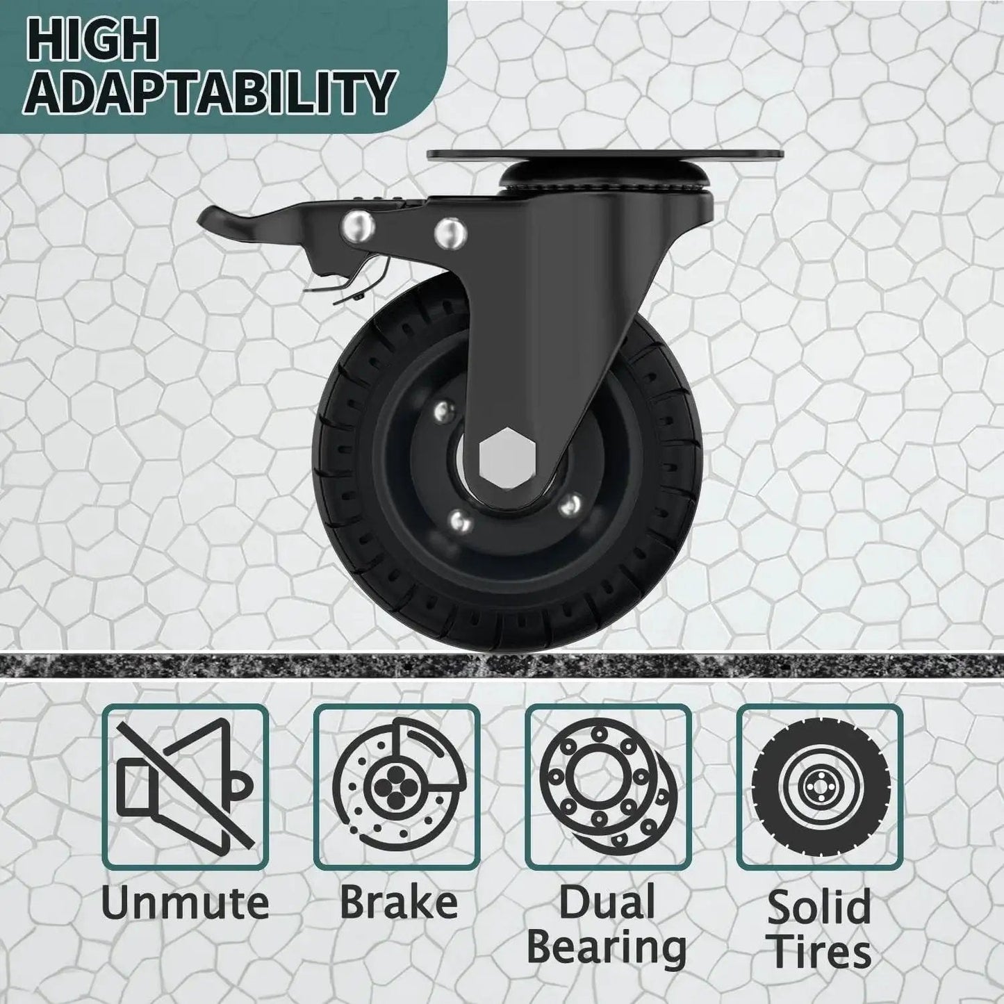 Side view of 4 Inch Swivel Caster Wheels With Dual Brakes Up To 1000 Lbs Load Capacity Set Of 4 Solid Rubber Wheels With Cast Iron Rim