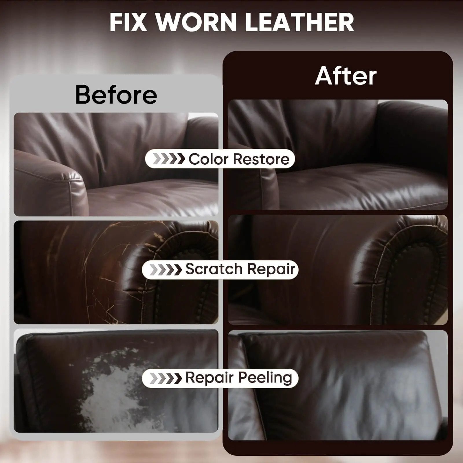 Before and after images showing the effects of Leather Recoloring Balm for faded leather couches and scratch repair.