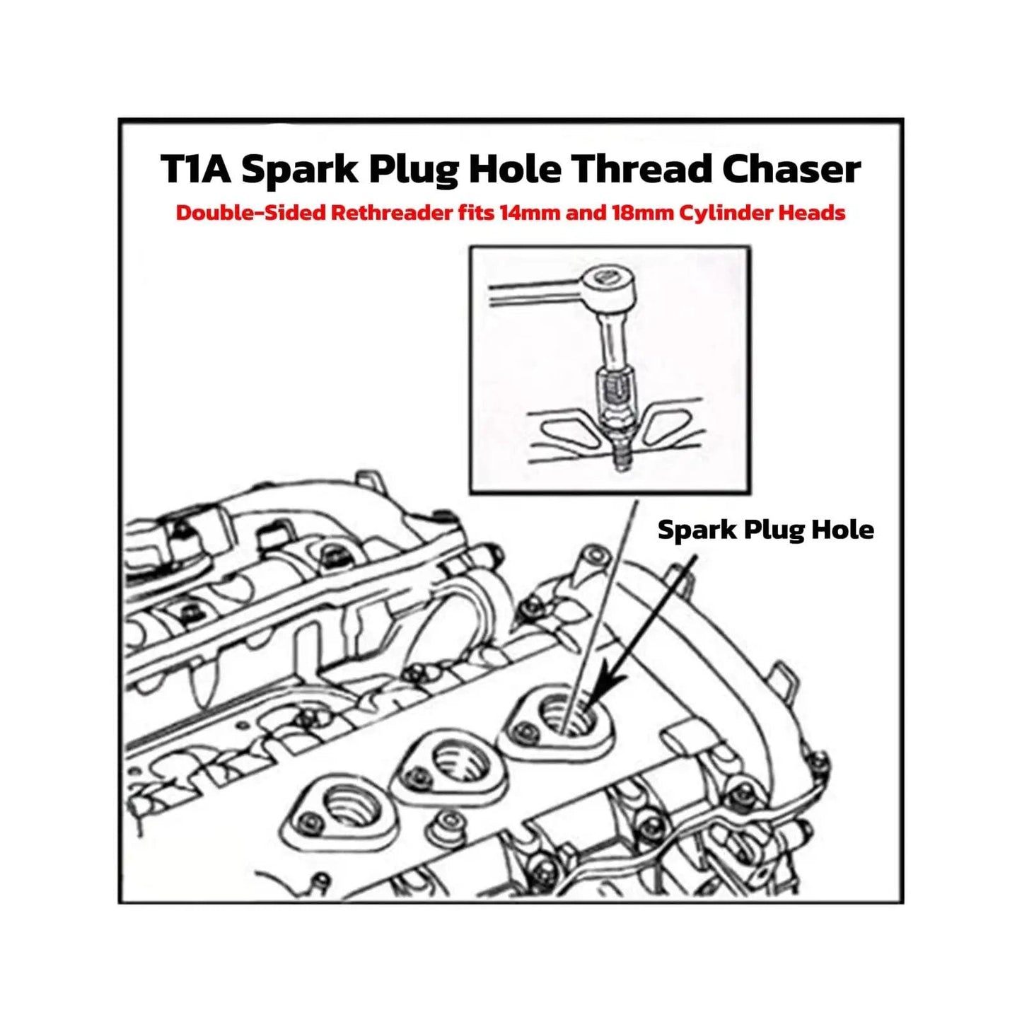 Diagram of Dual Size Spark Plug Thread Chaser Tool For M10 1.0, M12 1.25, M14 1.5, M18 1.5 Threads With A 13 Sixteenth Inch Hex Head