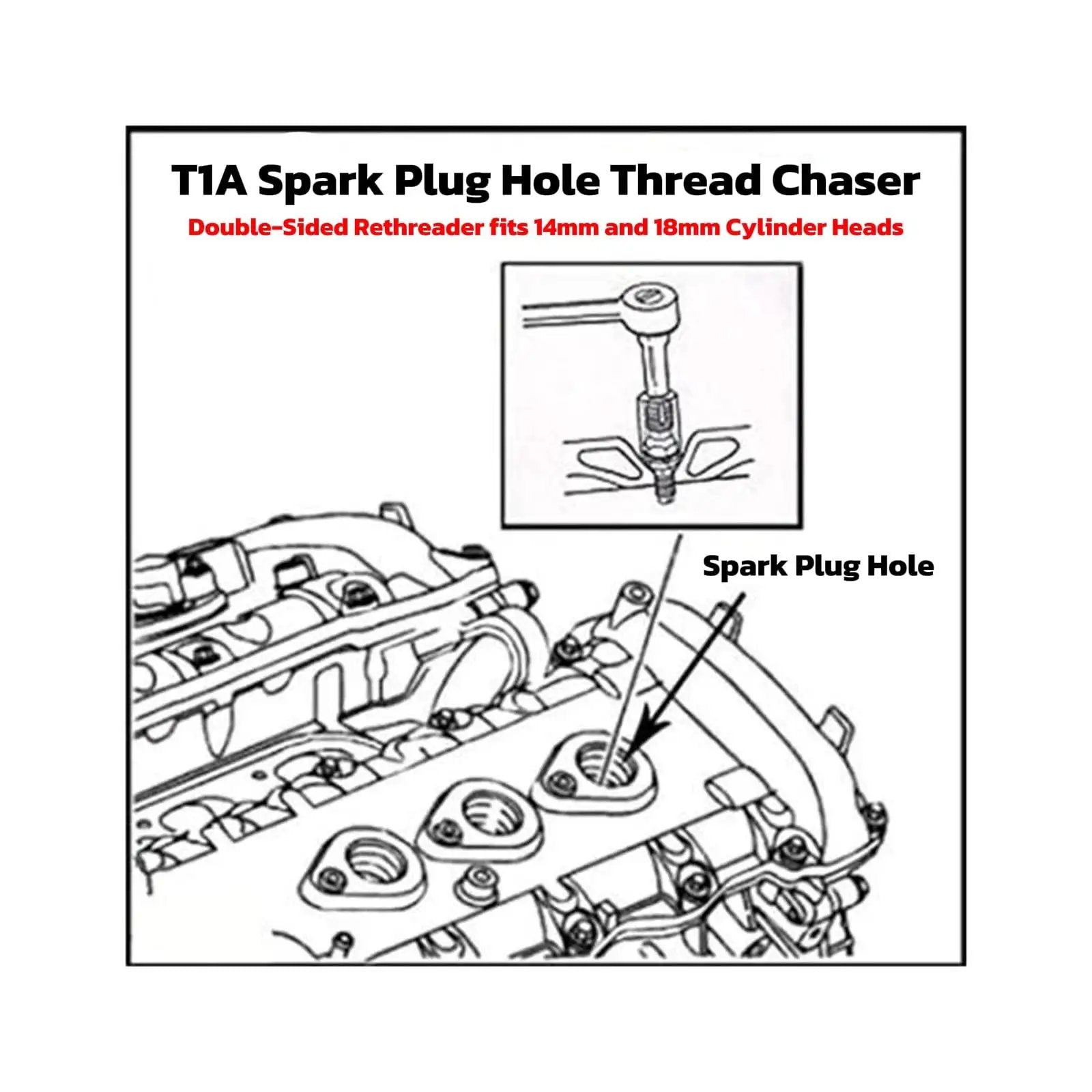 Diagram of Dual Size Spark Plug Thread Chaser Tool For M10 1.0, M12 1.25, M14 1.5, M18 1.5 Threads With A 13 Sixteenth Inch Hex Head