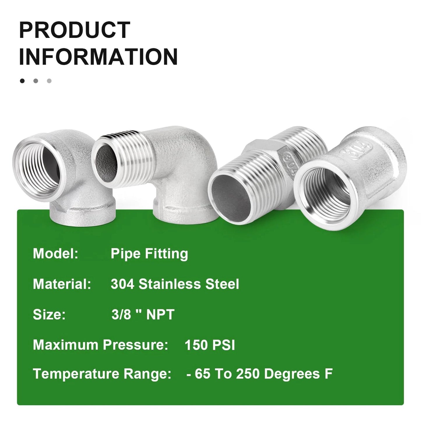 Heavy Duty 8-Piece 304 Stainless Steel Pipe Fitting Kit With 90 Degree Elbows, Hex Bushings, And 3/8 NPT Couplings For Industrial Plumbing And DIY Projects By Taisher shown with product details displayed on green background.