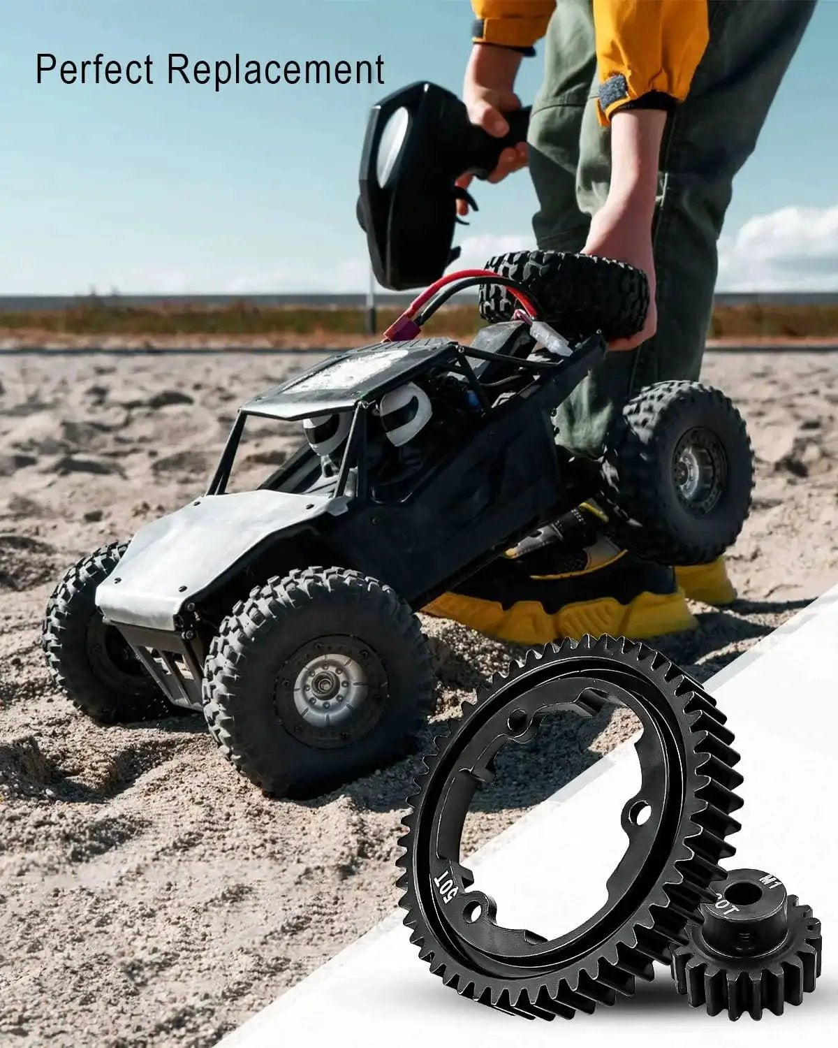 Beefy 50T M1.0 Hardened Steel Spur Gear With 20T Pinion Gear for Traxxas Maxx X Maxx E Revo 2.0 VXL XO 1 RC cars shown with off-road vehicle