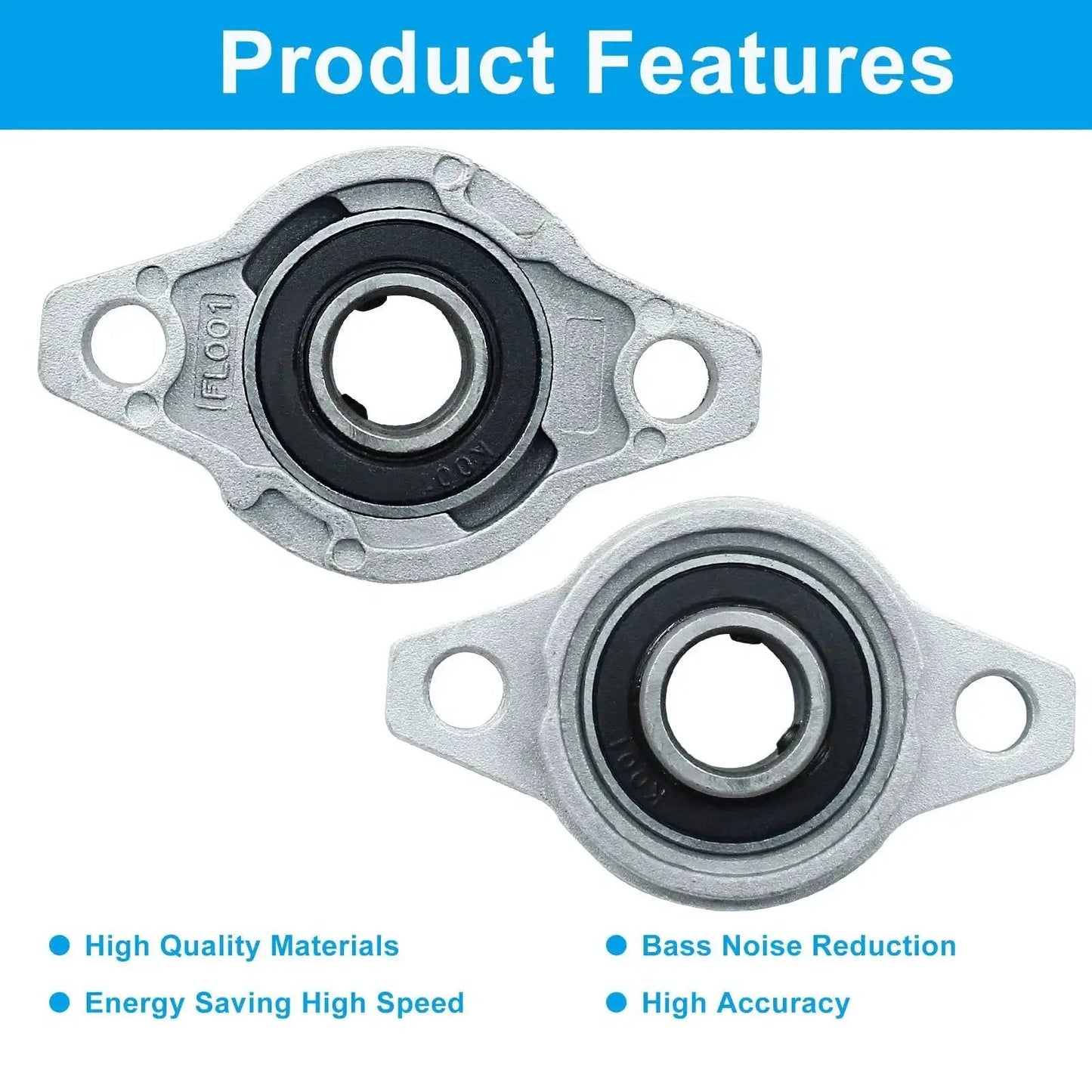 4 Pack KFL001 Flanged Pillow Block Bearings with 12 mm Bore, zinc alloy, self aligning for industrial machinery, shown in close-up.