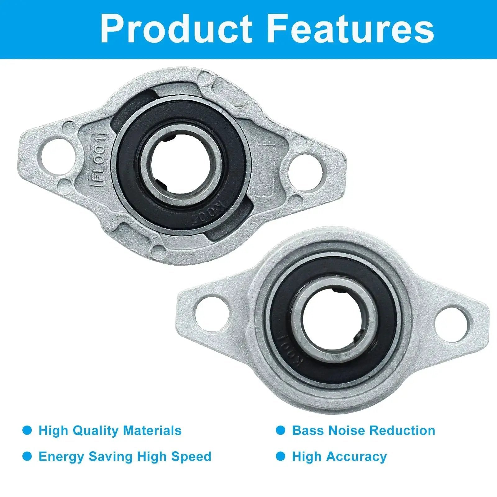 4 Pack KFL001 Flanged Pillow Block Bearings with 12 mm Bore, zinc alloy, self aligning for industrial machinery, shown in close-up.