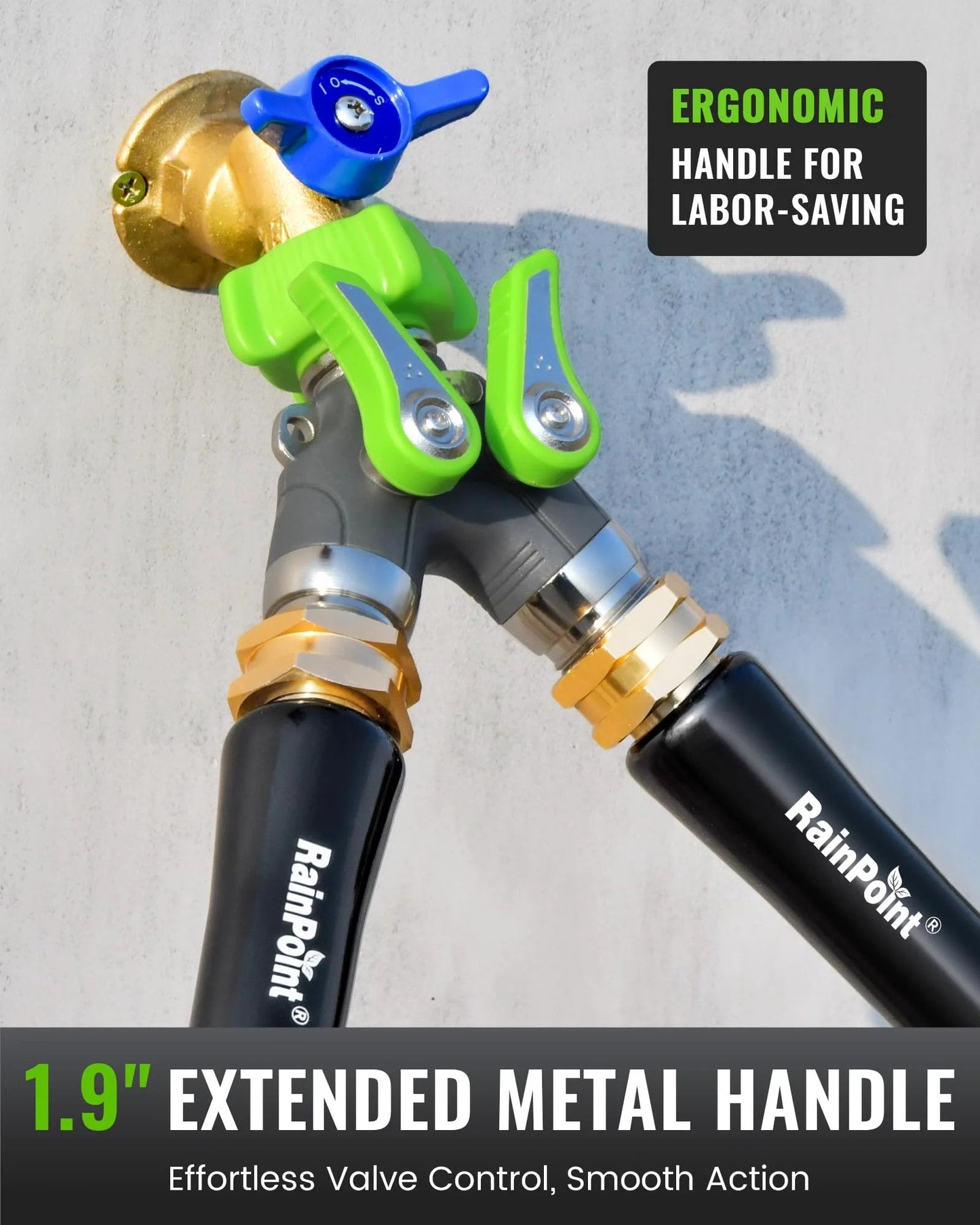 Heavy Duty Metal Garden Hose Splitter 2 Way Y Valve With Shutoff, Three Quarter Inch GHT Thread, 1.9 Inch Handle, RainPoint Green