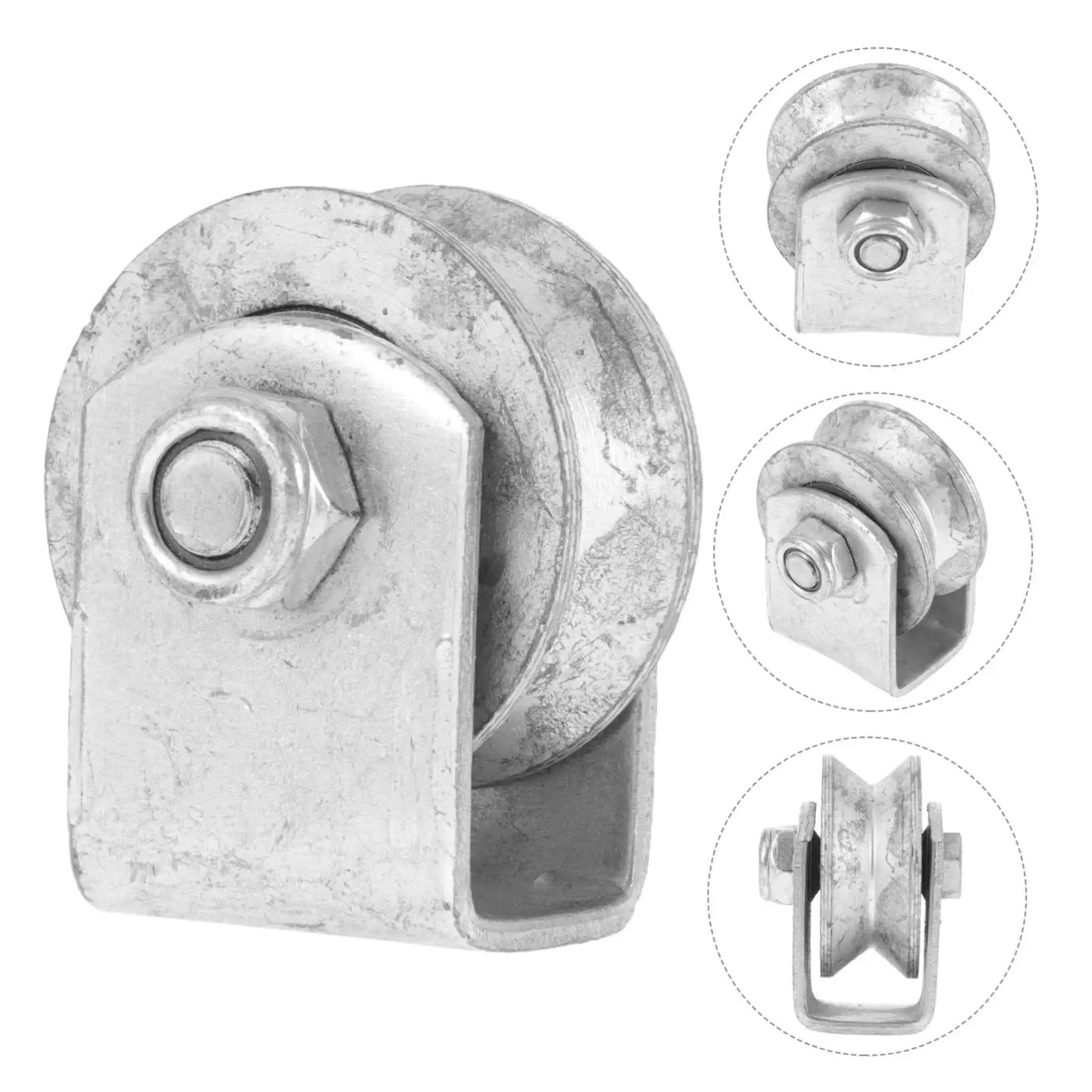 Industrial Cast Iron Wheel V Groove Pulley For Garage Door Replacement Roller With Steel Bearing and Bracket by OUNONA, front and side view