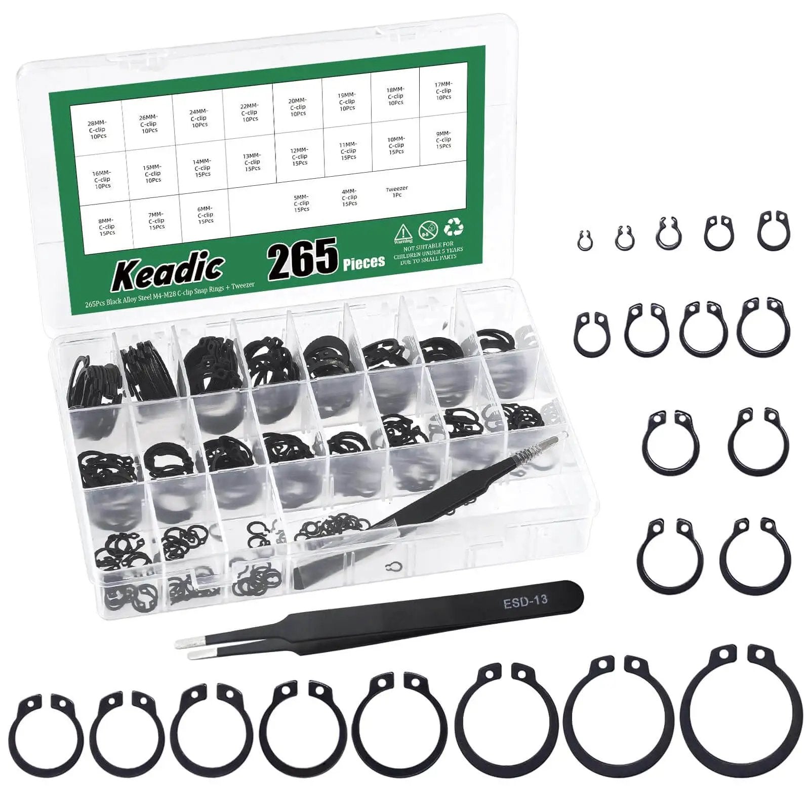 Alloy Steel C Clip Retaining Ring Kit 266 Pieces 21 Sizes From M4 To M28 External Circlips in box with tweezers.