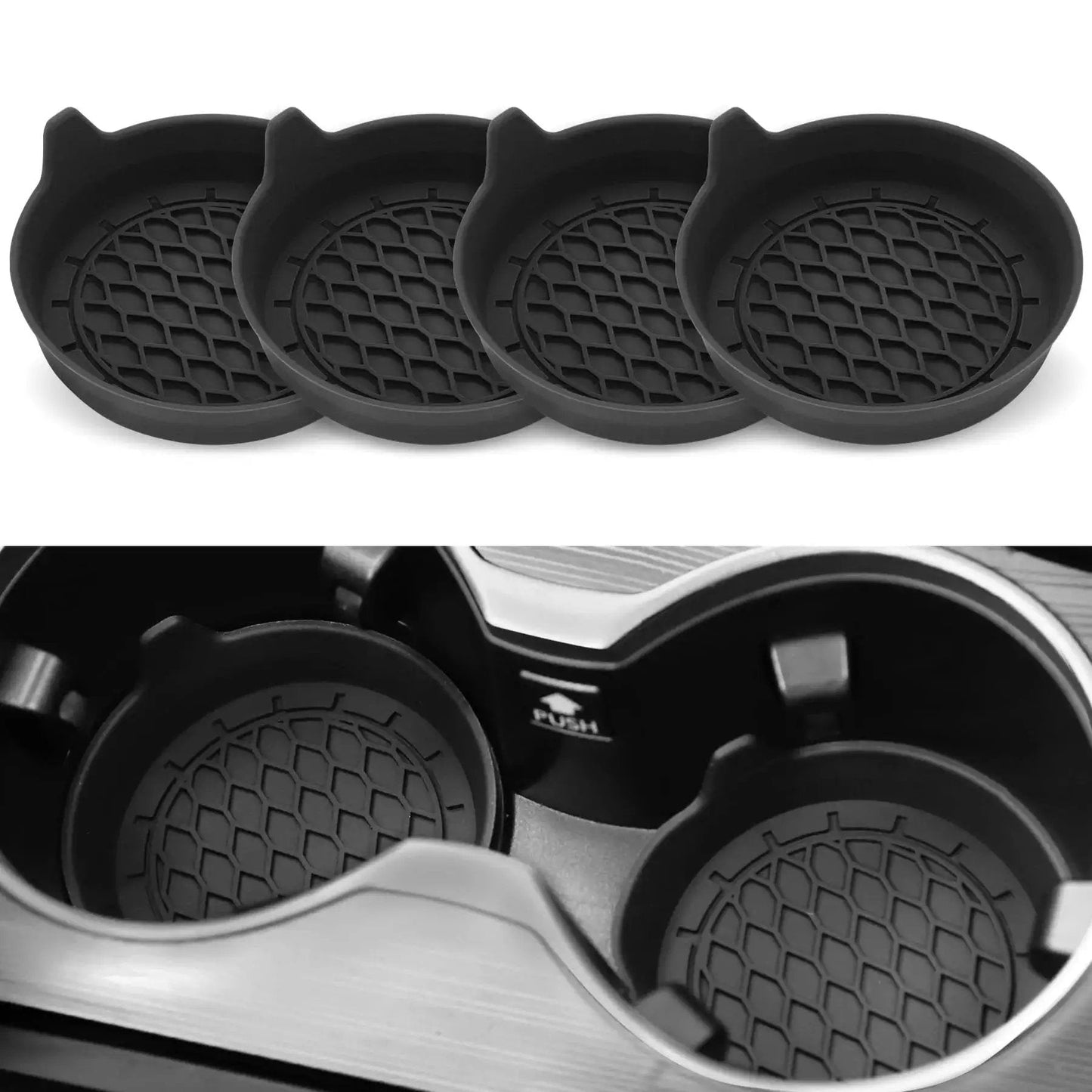 Silicone Car Cup Holder Coasters Set Of Four Universal Non Slip Inserts in black, shown stacked and placed inside a car console.