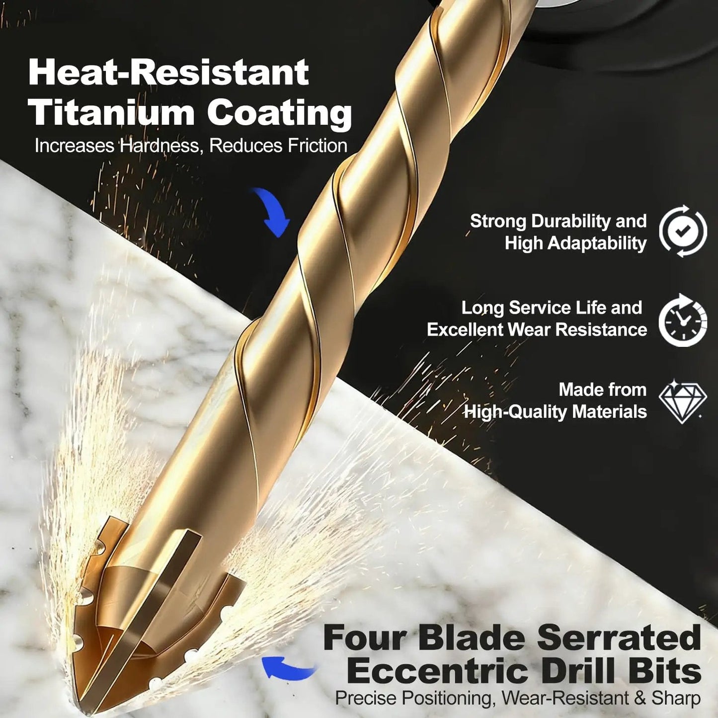 1/4 Inch Masonry Drill Bit Set 5 Pack With Carbide Tips, serrated four blade concrete drill bit showing heat-resistant titanium coating