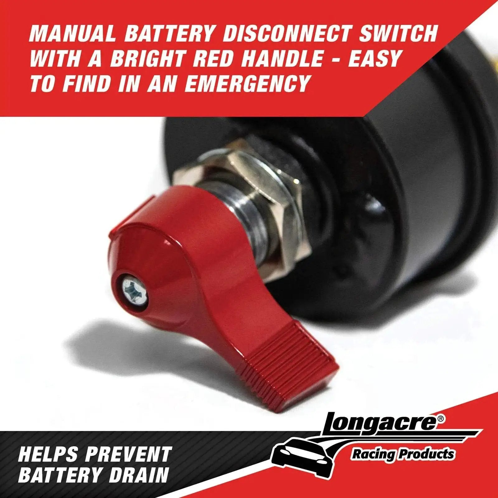 Close-up of a Weatherproof Battery Disconnect Switch With Red Handle 2 Terminal 175 Amp Continuous Rating For Cars Without Alternator.