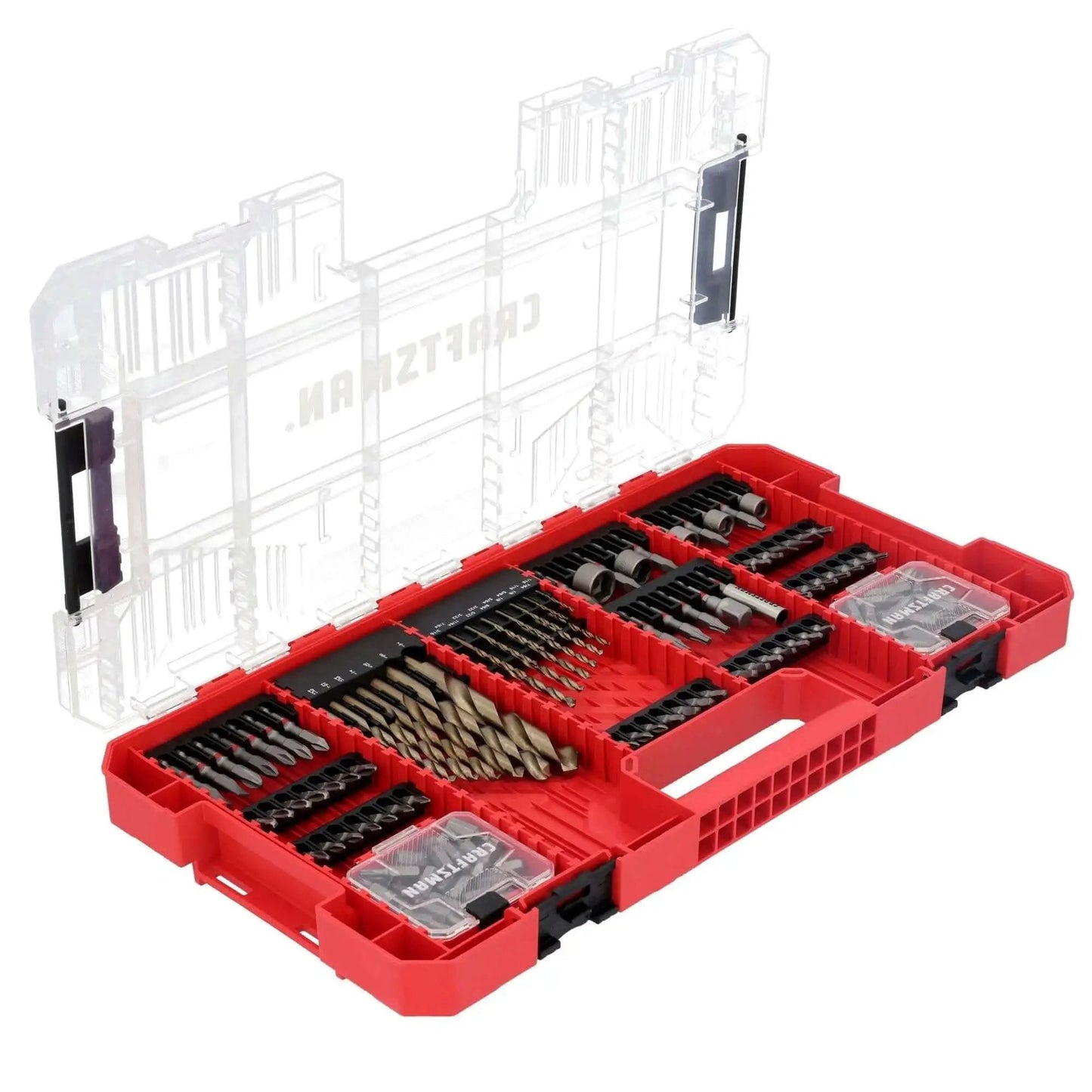 Heavy Duty Impact Driver Bit Set With Black Oxide Coated Steel Bits And Precision Machined Tips 140 Piece Four Bit Ranges For Drill And Drive Shock Resistant Construction From Craftsman in open red storage case
