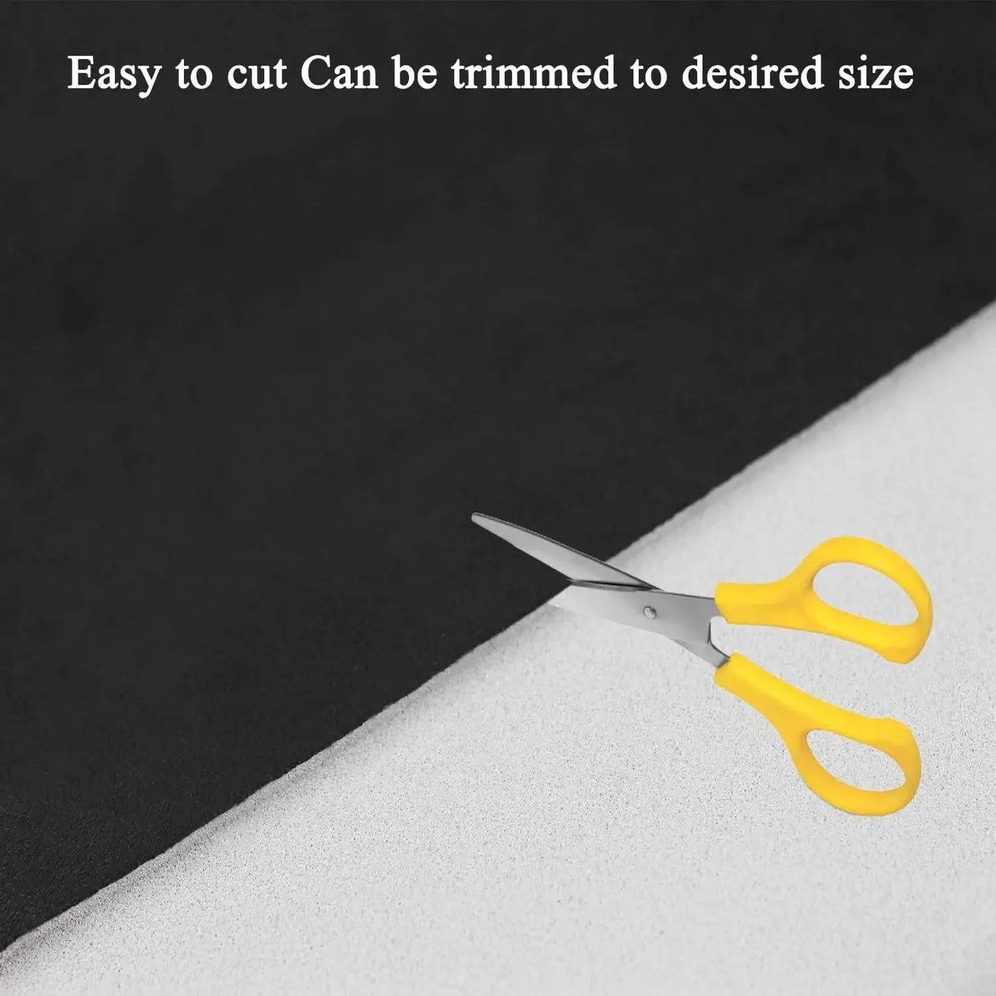 Black Suede Headliner Fabric With Foam Backing For Car Truck SUV Roof Interiors, shown with yellow scissors for trimming