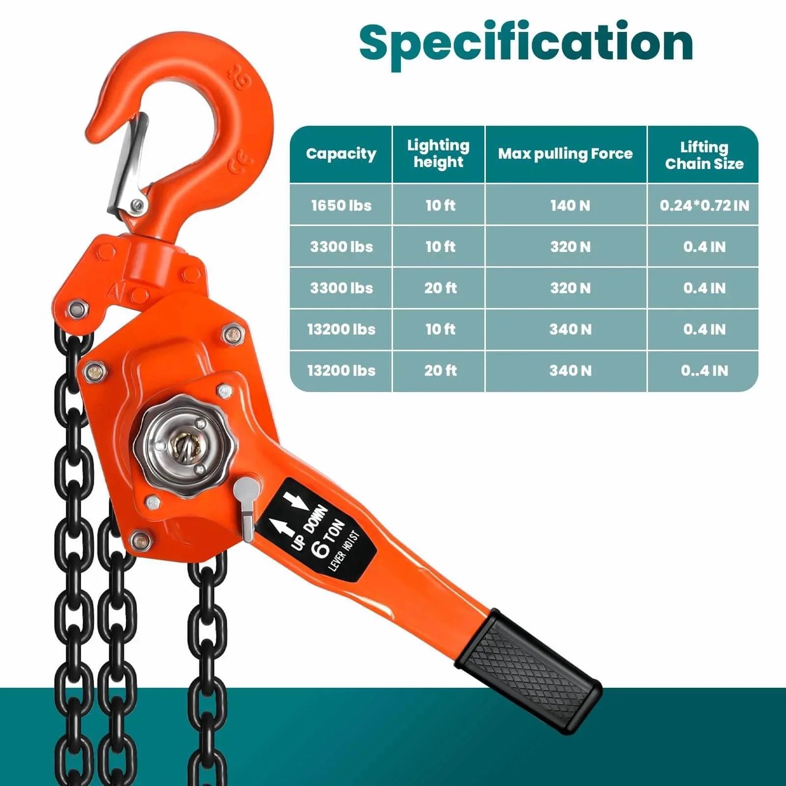 Manual Chain Hoist 6 Ton Come Along 13200 Lbs Capacity 20 Ft Lift Galvanized Carbon Steel With G80 Chain Double Pawl Brake Auto Chain Lead