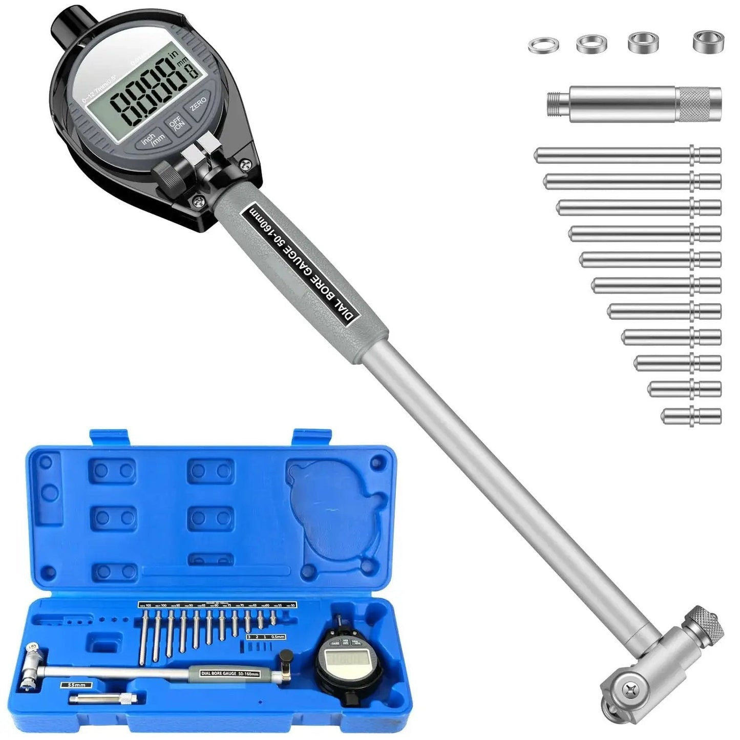 Digital Bore Gauge Set With LCD Dial Indicator For Cylinder Measurement In Engines 2 To 6 Inch Bore Range With 0.0003 Inch Precision Includes 12 Anvils HDLNKAK Gearhead Favorite Pro Grade Machinist Quality For Out Of Round And Cylinder Tolerance Checks with open blue case and accessories visible
