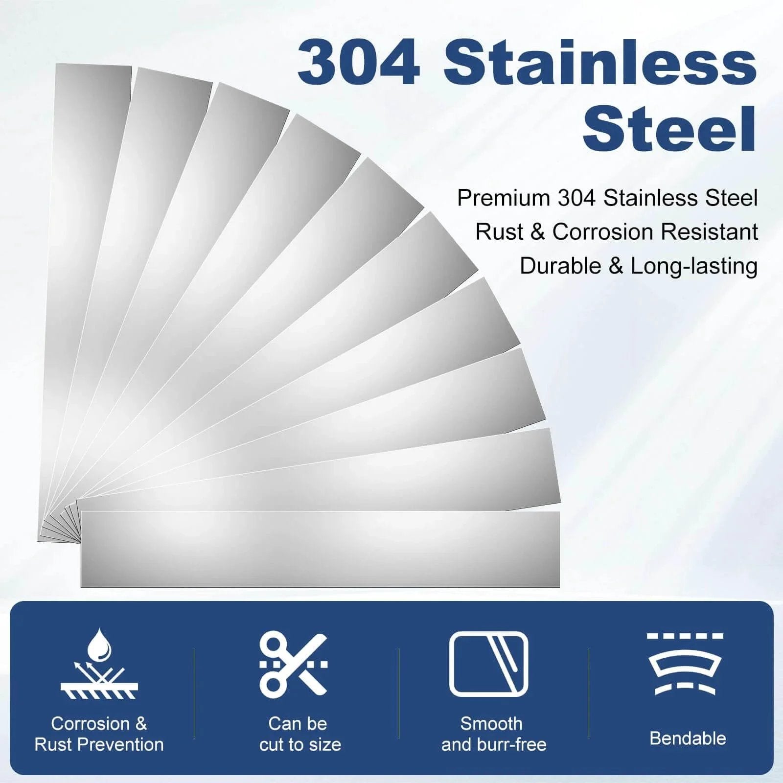 304 stainless steel shims fanned out to show size and rust resistance features; durable 50 pcs shim stock assortment for various projects.