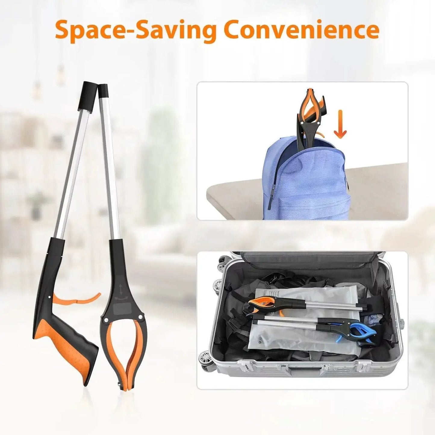 32 Inch Foldable Grabber Reacher Tool 2 Pack with 360 Degree Rotating Jaw and Magnet, displayed in a suitcase and backpack