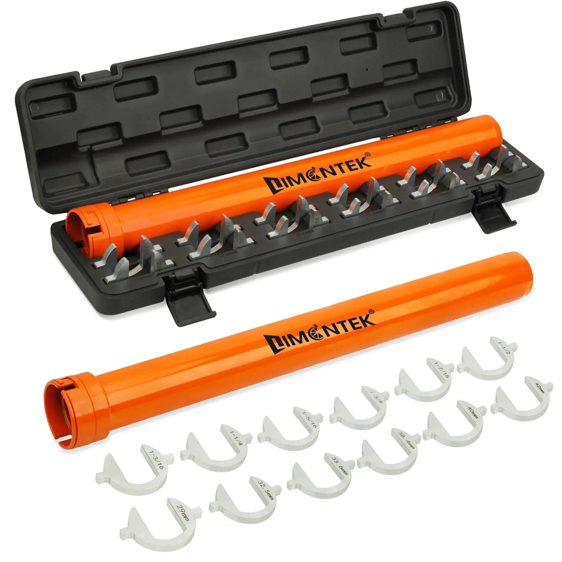 Inner Tie Rod Removal Tool Set With 12 Crowfoot Adapters And Half Inch Drive in orange case, displayed with adapters and open case