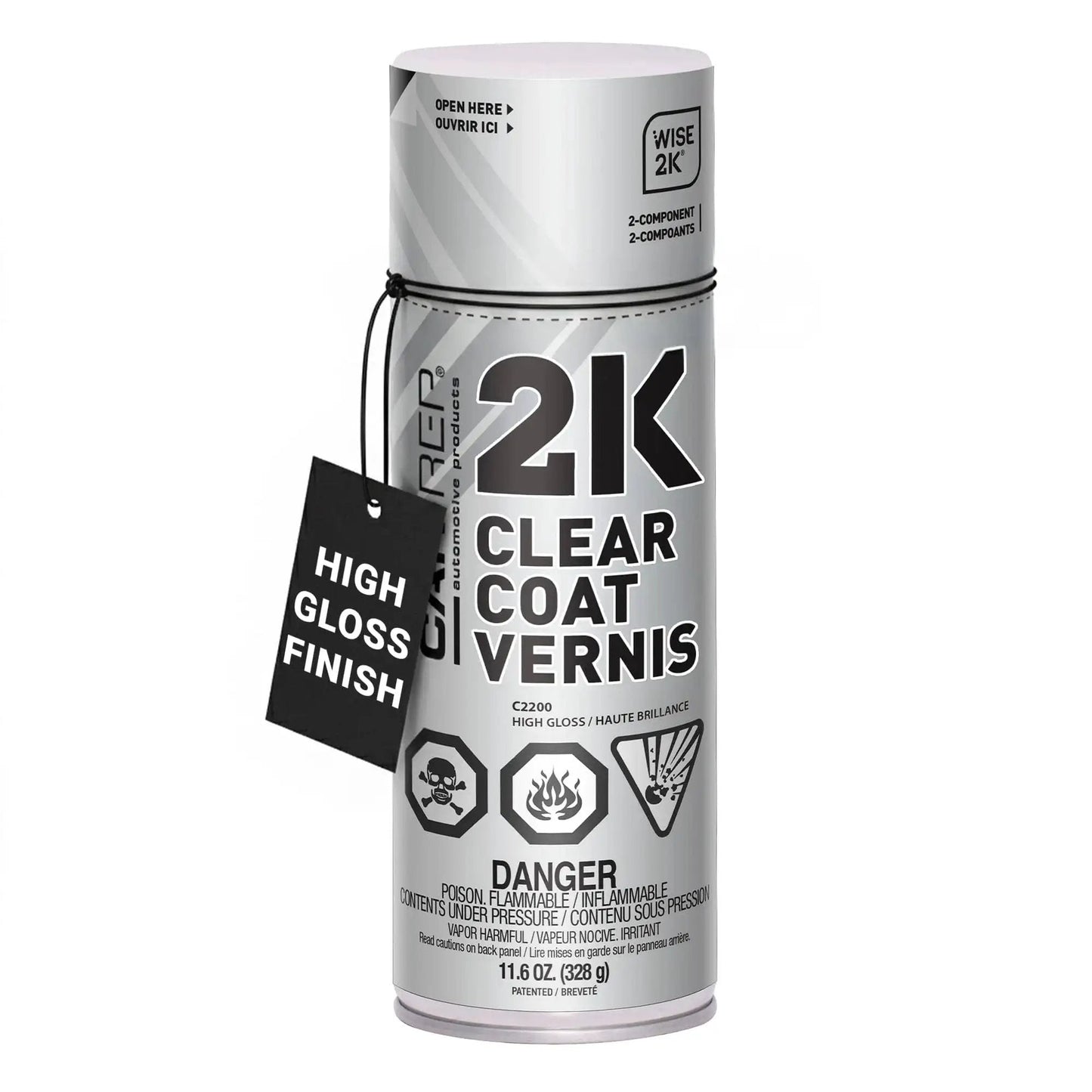Unlimited Pot Life 2K Polyurethane Clear Coat Aerosol For Automotive High Gloss, 11.6 oz can, high-gloss finish label visible