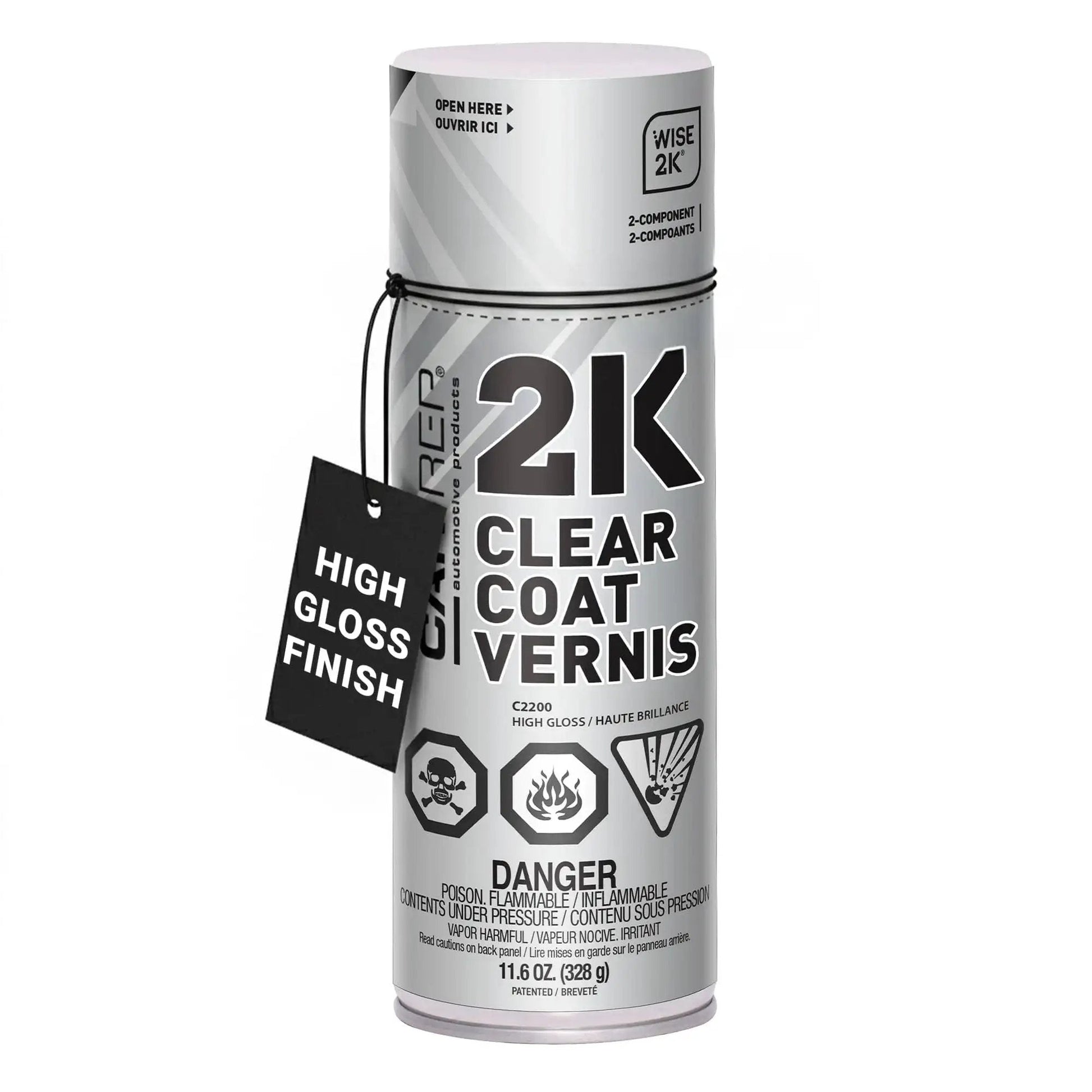 Unlimited Pot Life 2K Polyurethane Clear Coat Aerosol For Automotive High Gloss, 11.6 oz can, high-gloss finish label visible