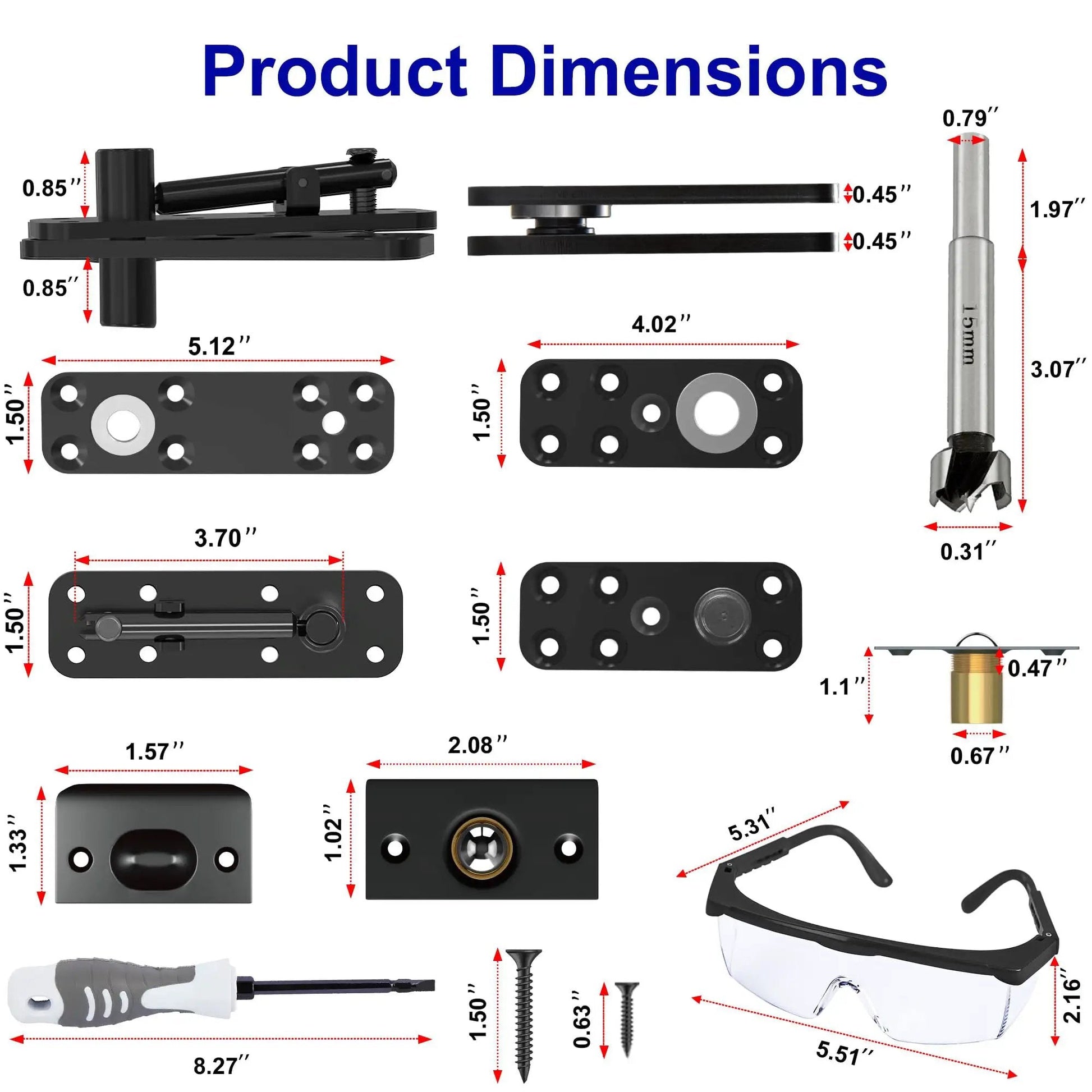 Heavy Duty Hidden Door Hinge By AURIXUS With 573 Lb Capacity dimensions and components including goggles and pencil