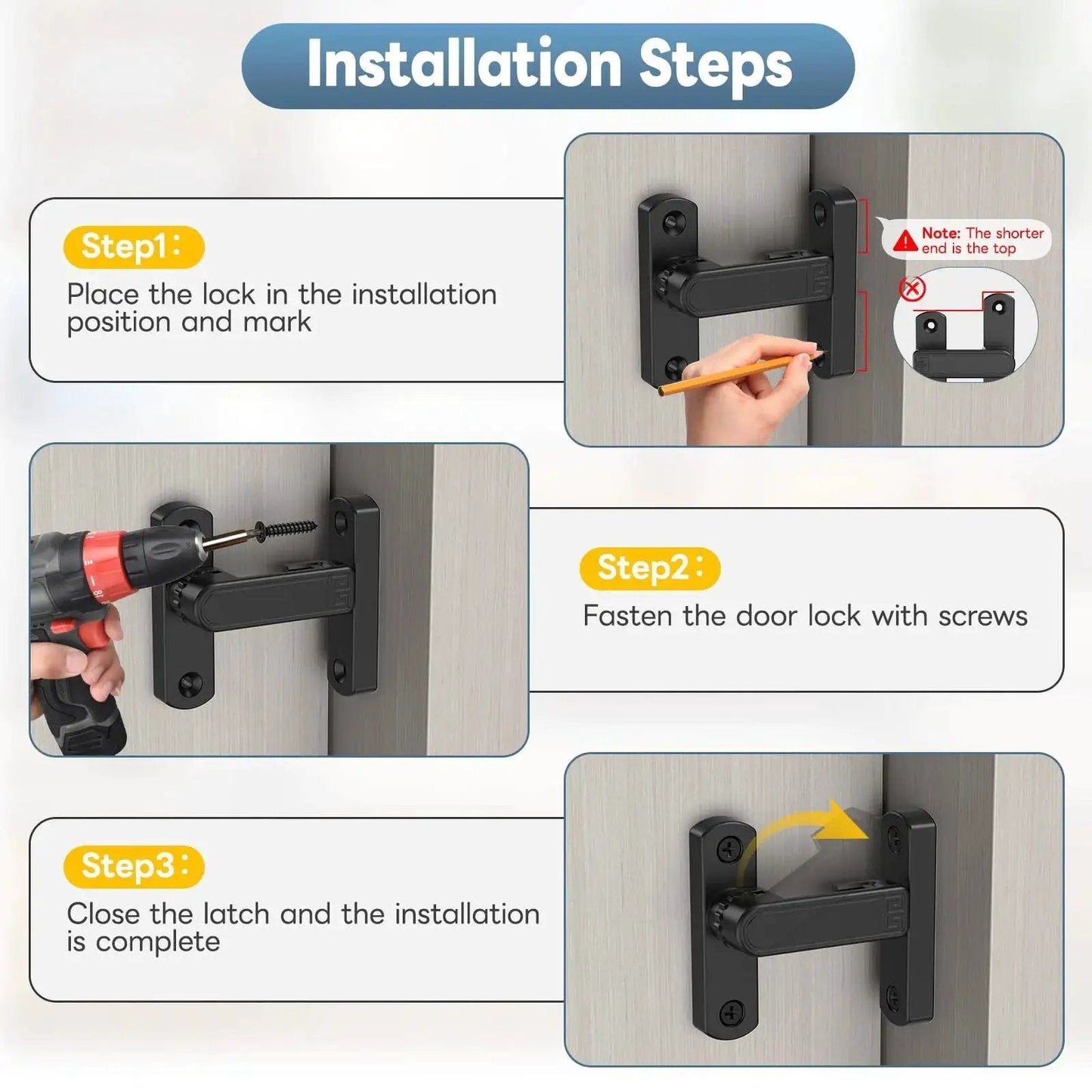 Installation steps for a 90 And 180 Degree Sliding Barn Door Lock Adjustable Zinc Alloy Security Latch on a wooden surface.