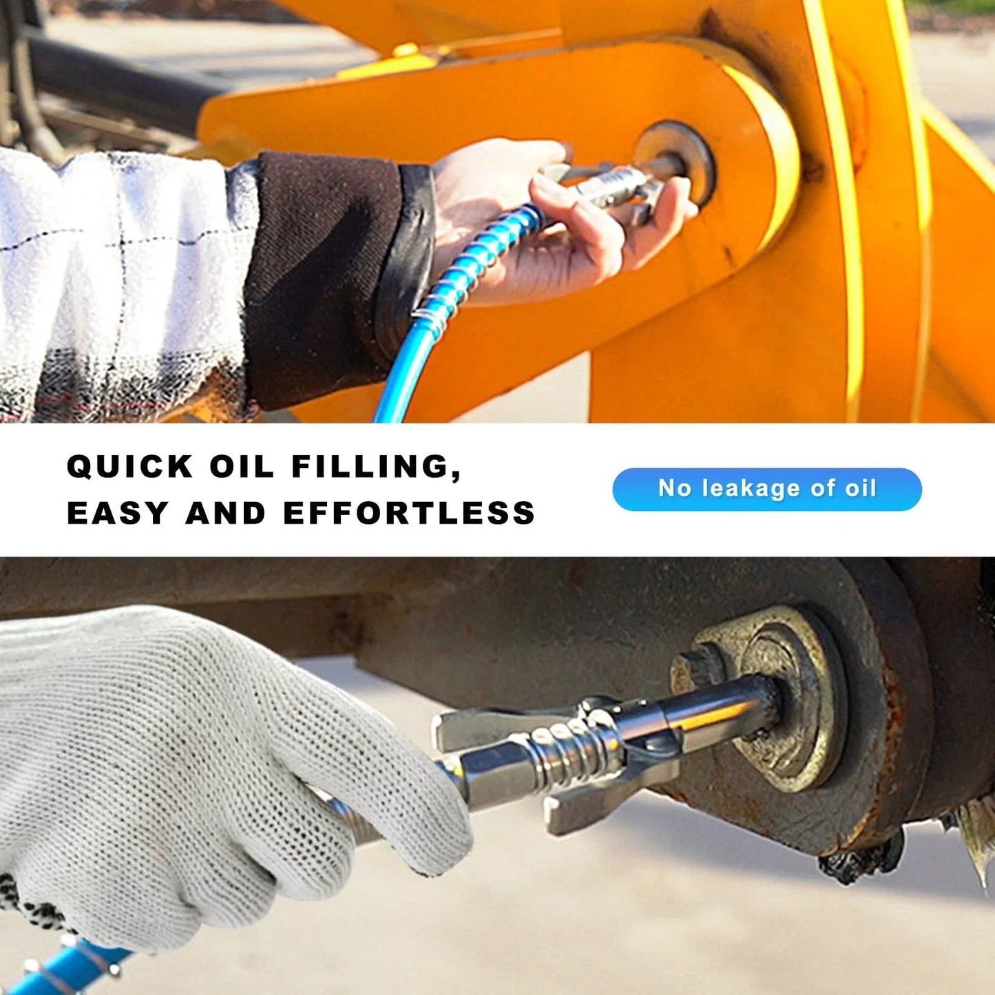 Double Handles Quick Release Grease Gun Coupler with Six Thickened Jaws, 12,000 PSI High Pressure, used on machinery