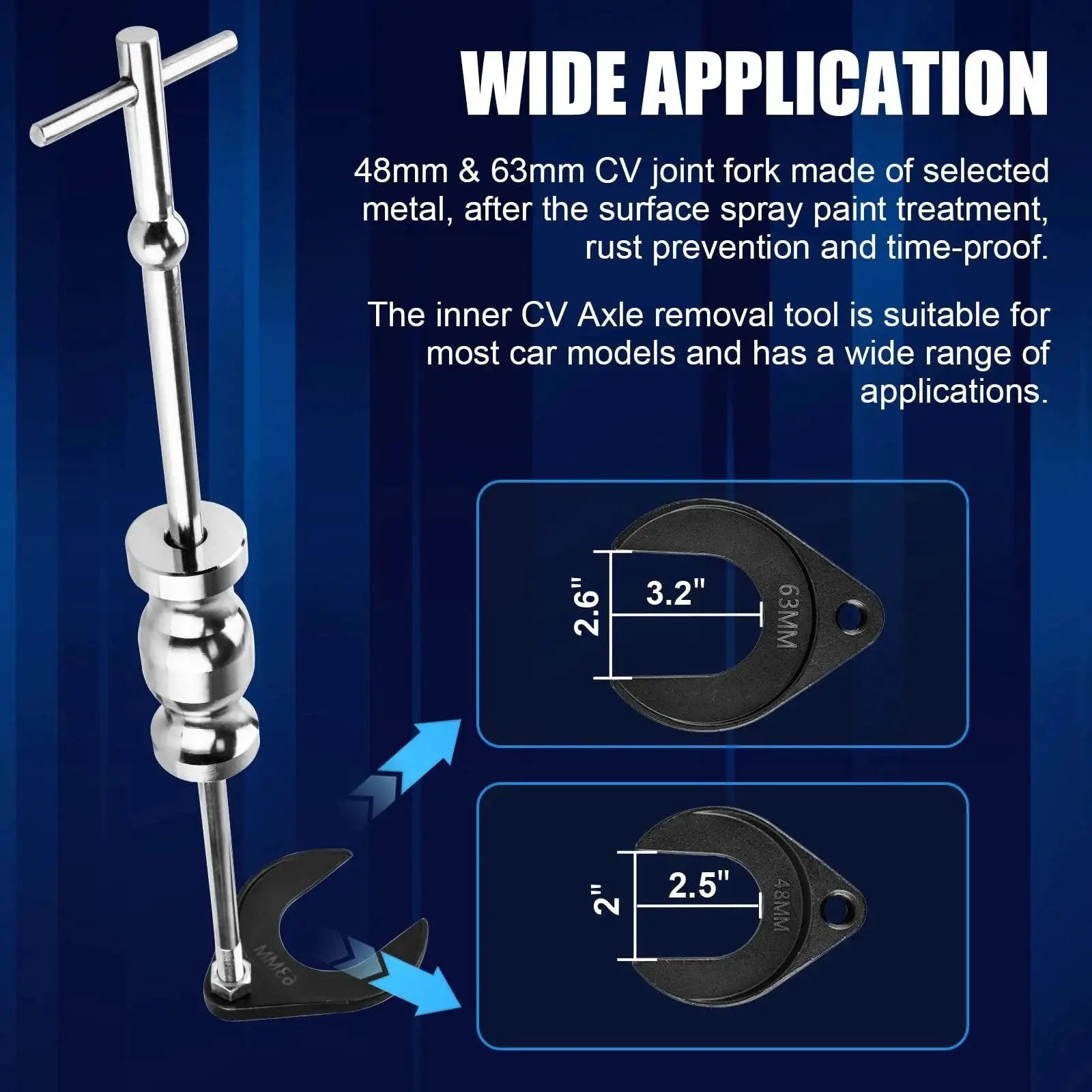 CV Axle Puller Tool With Slide Hammer For Front Wheel Drive Vehicles Includes 63mm And 48mm CV Joint Fork Adapters