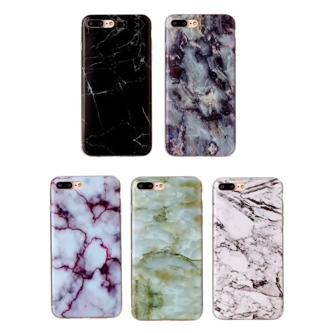 Collection of iPhone cases with marble patterns in various colors, including black, blue, purple, green, and white.