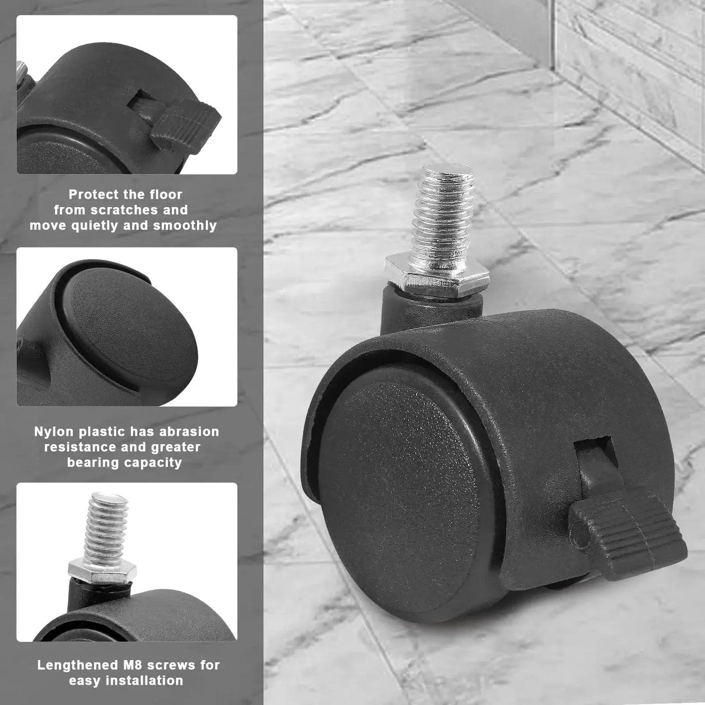 Close-up of 4Pcs 1 Inch Plastic Caster Wheels With Swivel M8 X 13mm Stem, Black Nylon And Metal Construction, 30mm Wheel Diameter, Each Caster With Locking Brake
