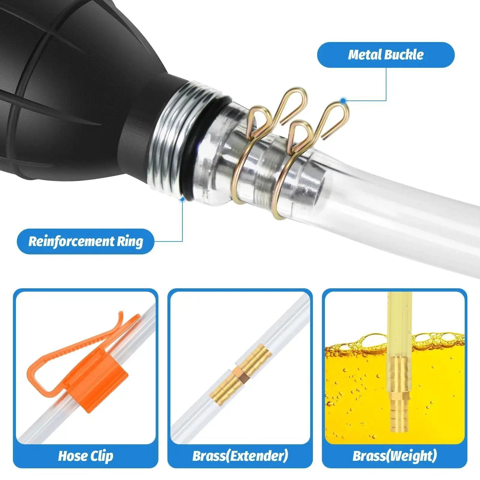 Close-up of High Flow Portable Siphon Pump With 15mm PVC Hoses showing metal buckle and reinforcement ring