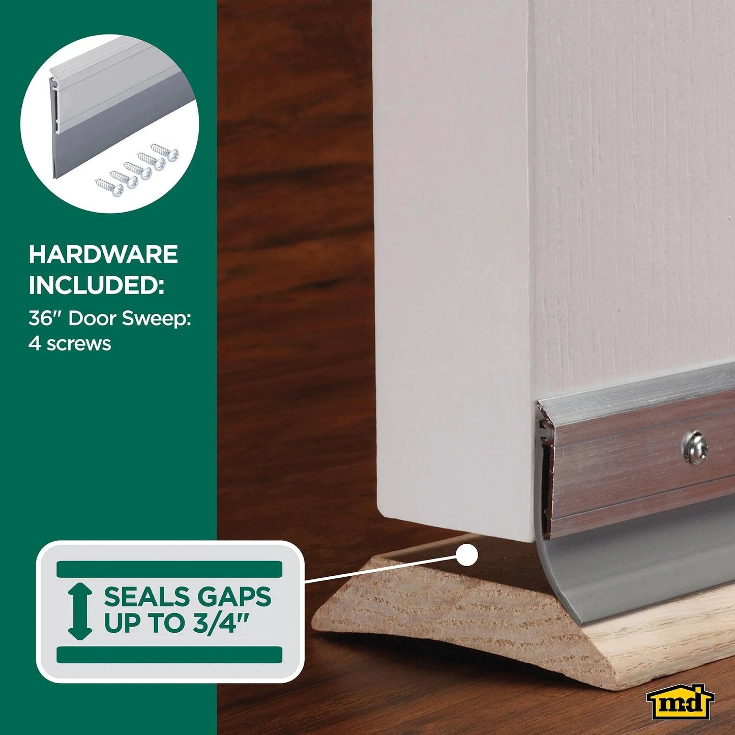 All-Season Door Sweep For Tight Draft Prevention And Energy Savings, Heavy-Duty Aluminum And Vinyl Construction, Easy Install, 36-Inch Length, Silver Finish For Residential And Commercial Doors By M-D Building Products installed on door