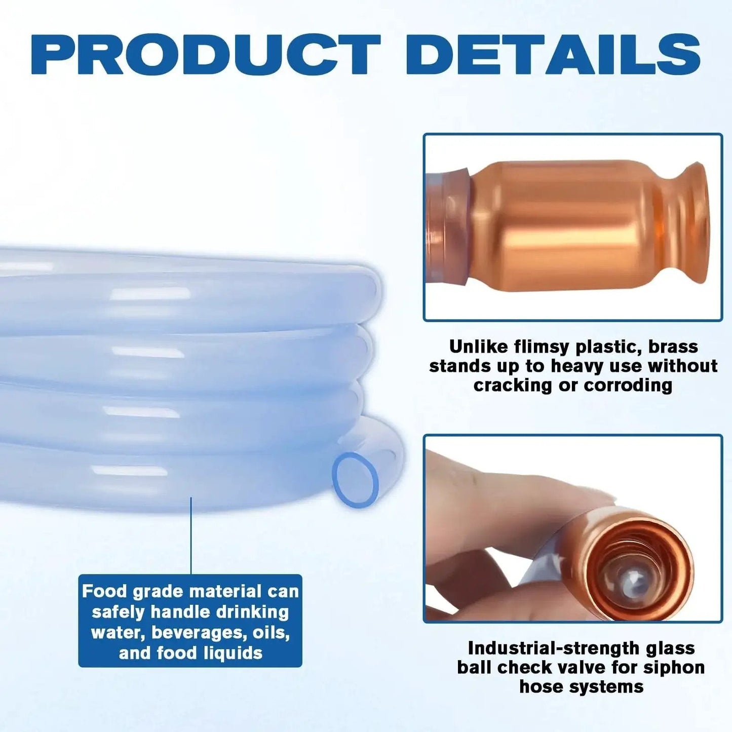 One Half Inch Siphon Hose for Gasoline and Water Transfer Self Priming 10ft with copper pump and glass ball valve details