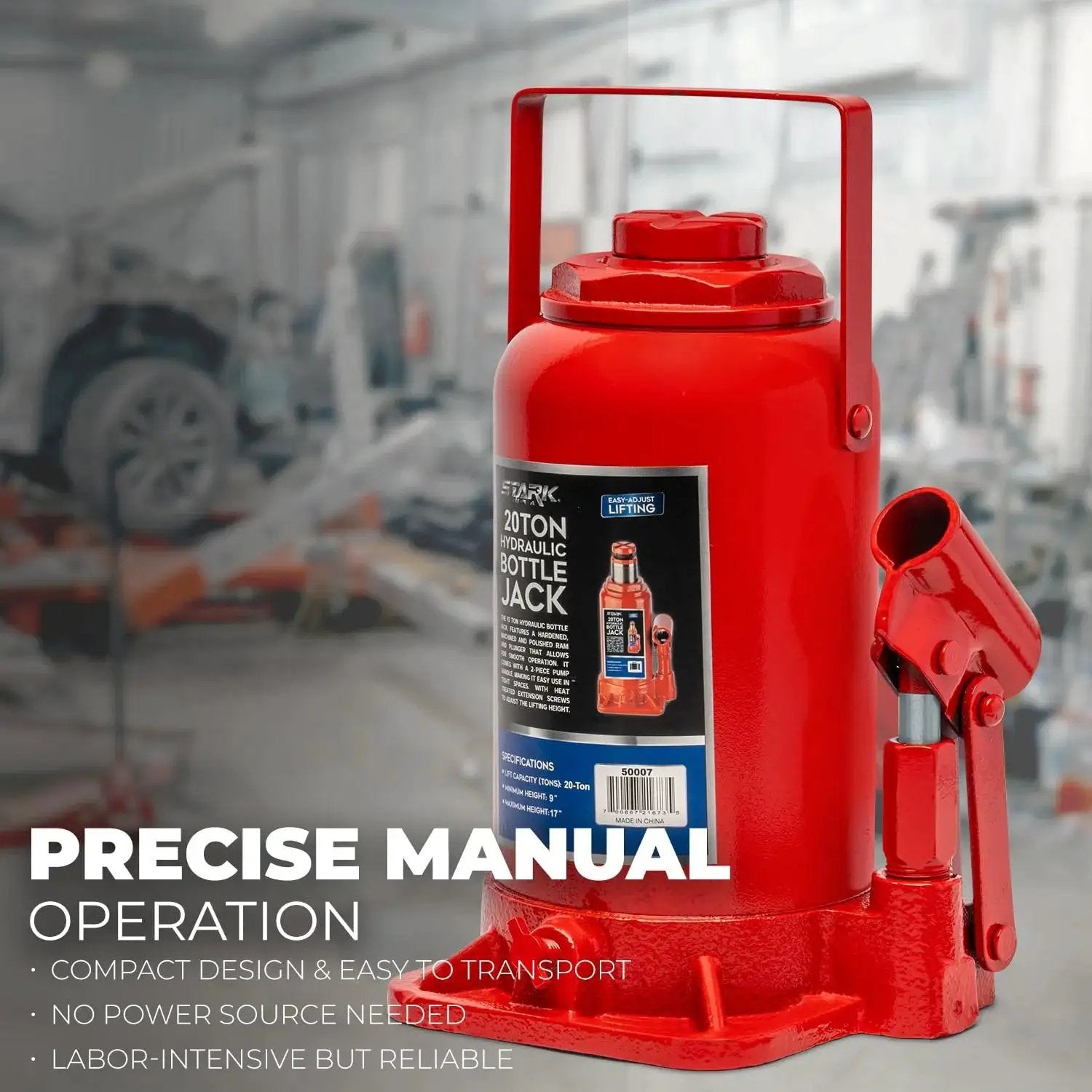 20 Ton Hydraulic Bottle Jack Portable Lift For Trucks RVs Farm Equipment, red all-steel hydraulic jack in garage setting
