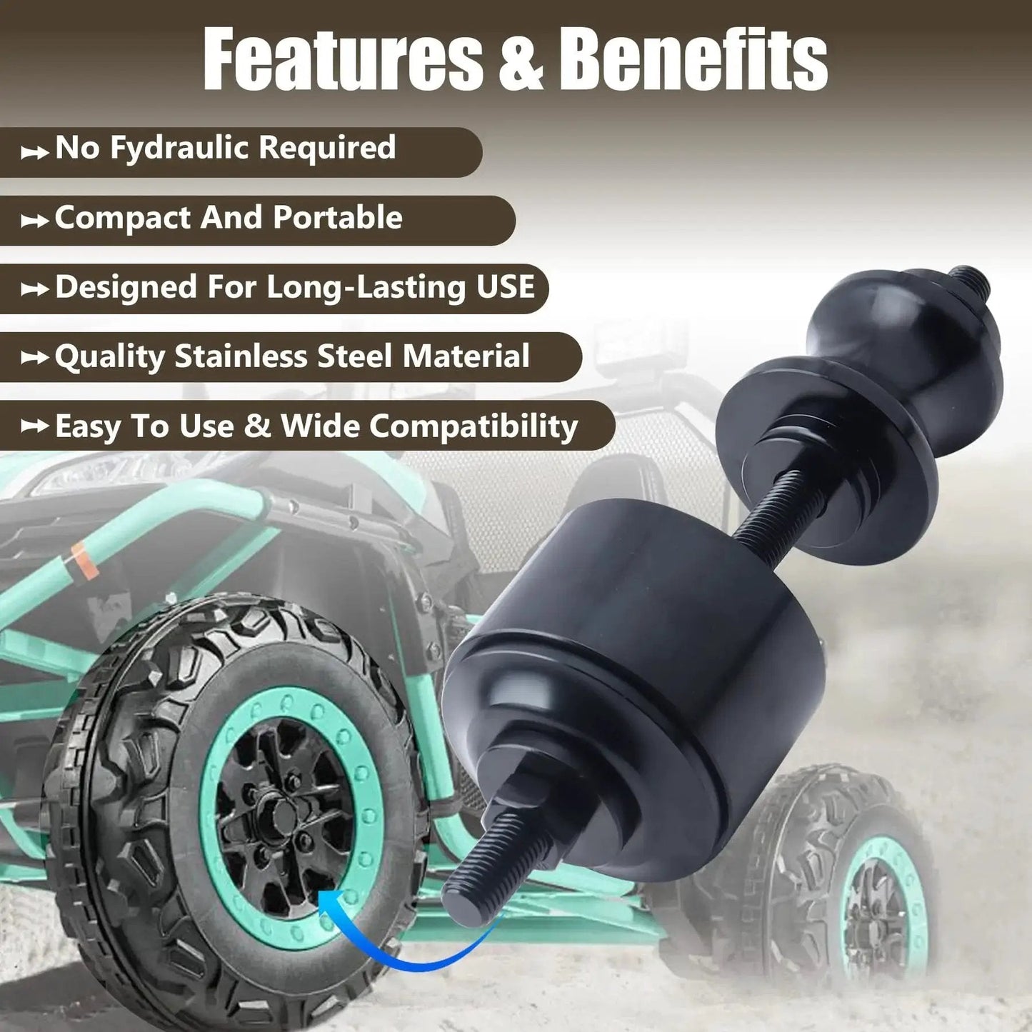 Black Wheel Bearing Removal Tool For ATV And UTV Fits 40 Or 44 Millimeter Bearings, shown with ATV wheel in background