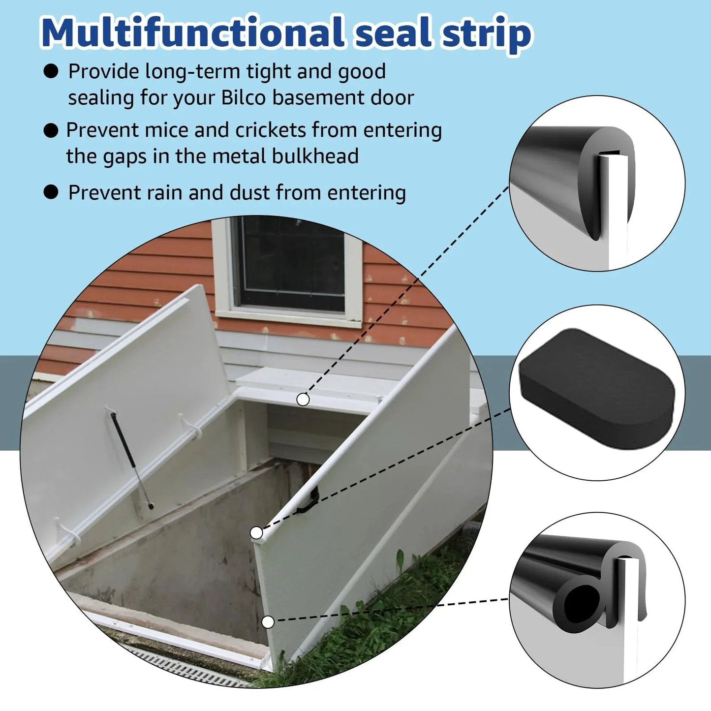 Easy Install Basement Door Seal Kit Replacement For Bilco Systems shown with U-shaped gasket and cap seal pads detail