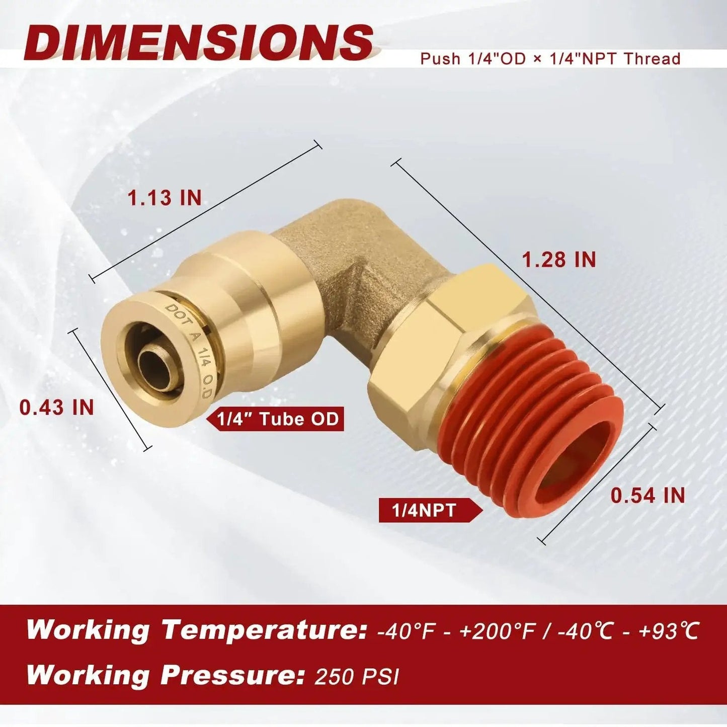 Dimensions of Brass Push To Connect 90 Deg Elbow Fittings 1/4 In OD To NPT DOT Approved 2 Pack, showing measurements.