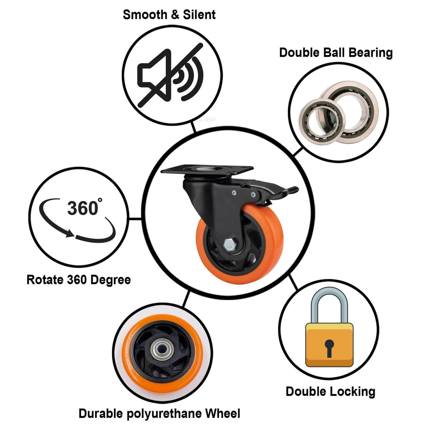 4" Caster Wheels, Heavy Duty Set of 4 - Orange Polyurethane Top Plate Swivel Casters features smooth rolling, double ball bearing.