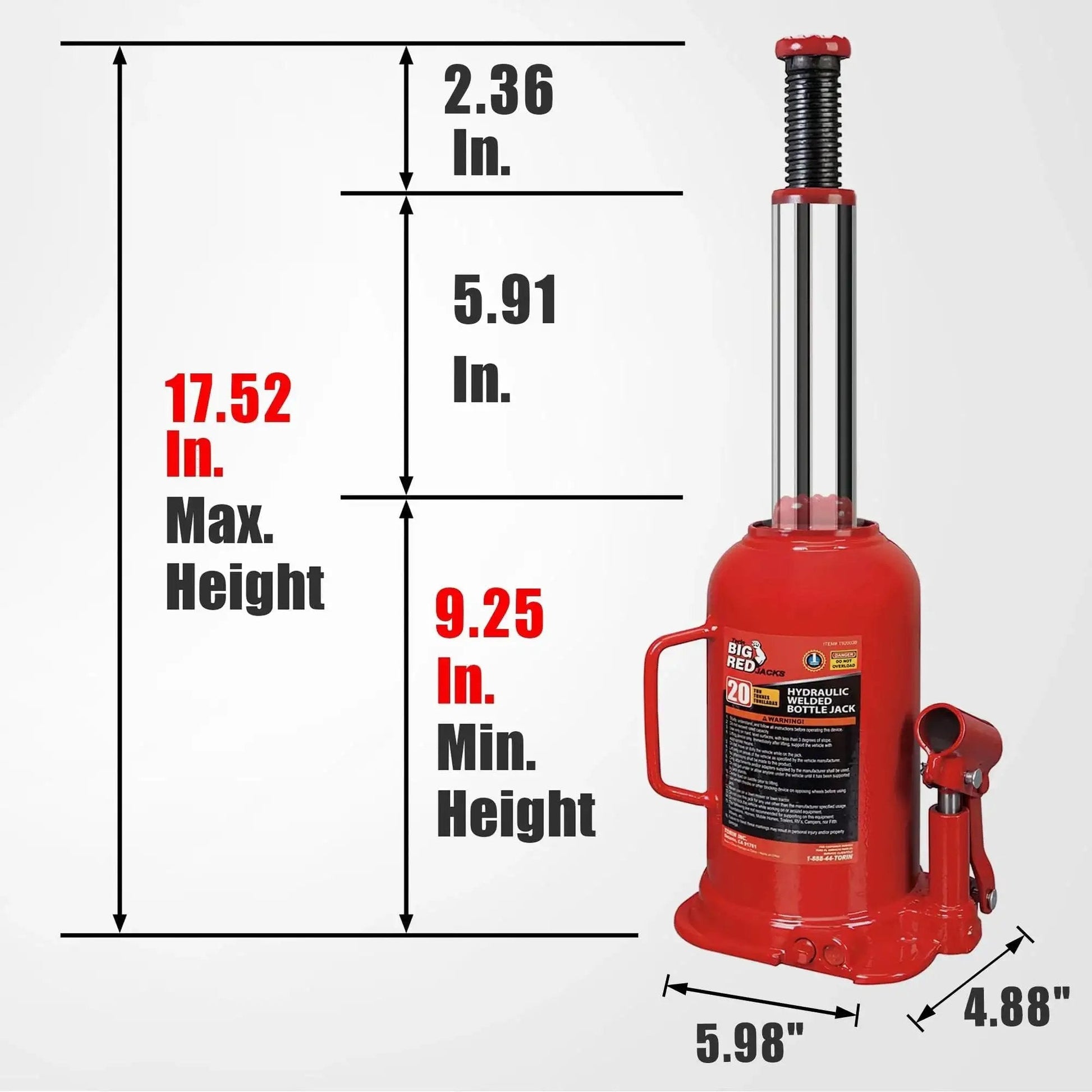 20 Ton Hydraulic Bottle Jack For Auto Repair And Home Lift With Welded Saddle, shown with height dimensions and red steel body