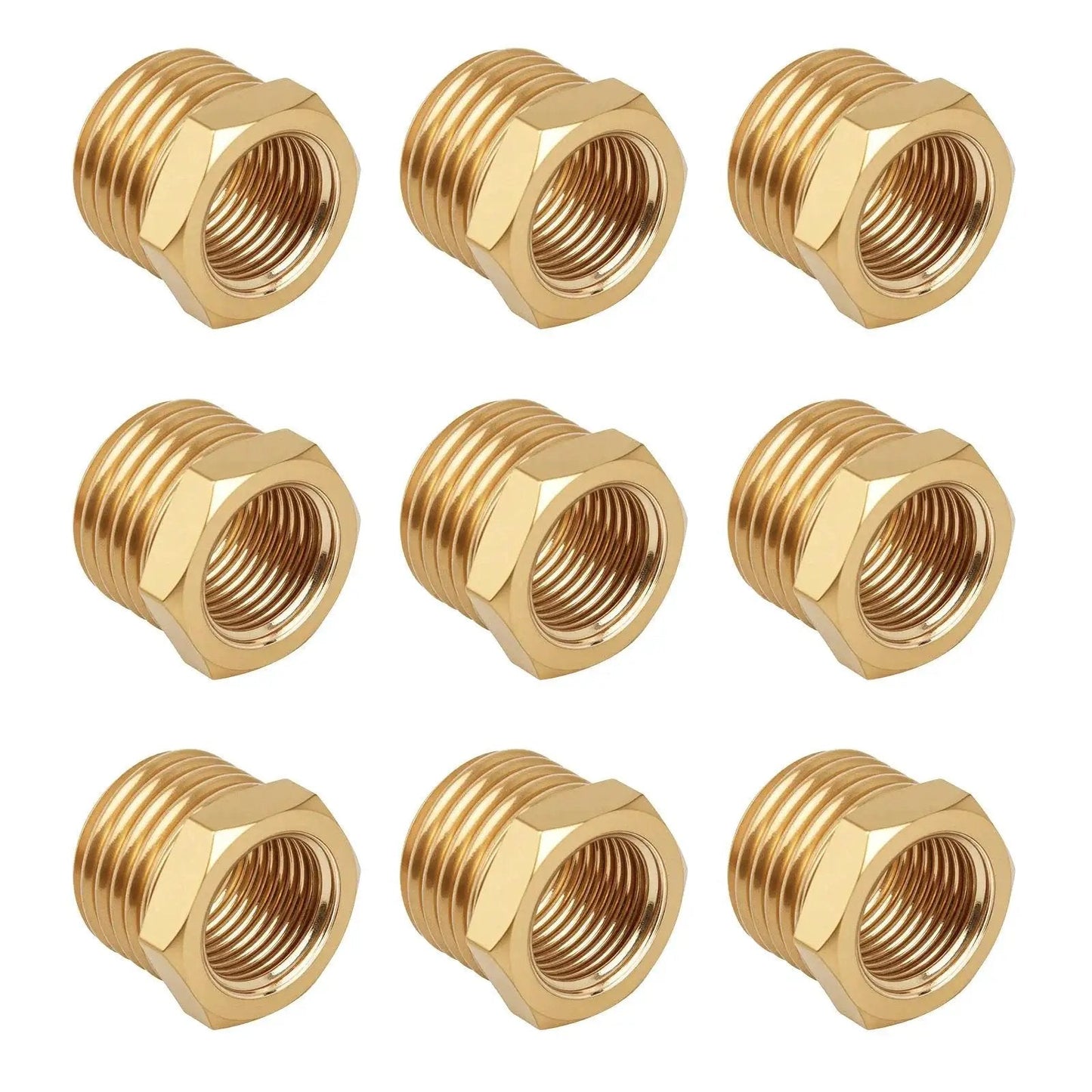 Nine Brass Hex Bushing Reducer One Quarter Inch NPT Male To One Eighth Inch NPT Female Pipe Fitting Adapter for Plumbing, Hydraulic, Gas