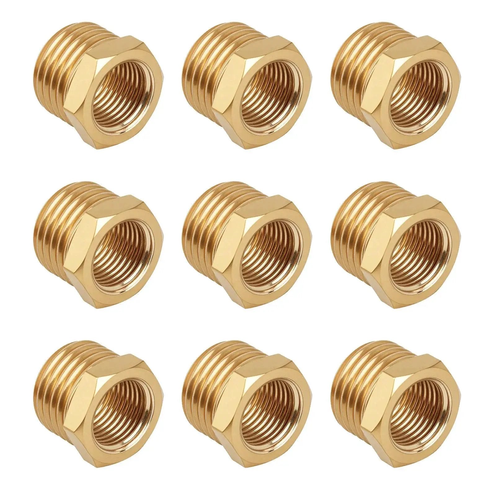 Nine Brass Hex Bushing Reducer One Quarter Inch NPT Male To One Eighth Inch NPT Female Pipe Fitting Adapter for Plumbing, Hydraulic, Gas