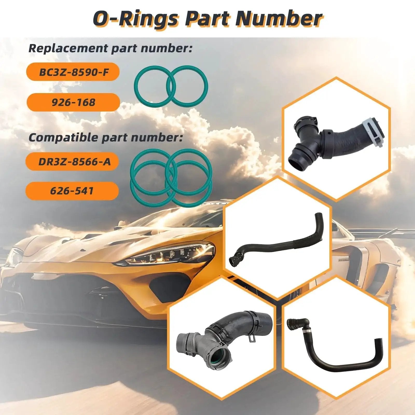 Diagram showing O Ring Seal Set For Ford F Series Radiator Hose And T Pipe Coolant Leak Repair 6 Pack with part numbers