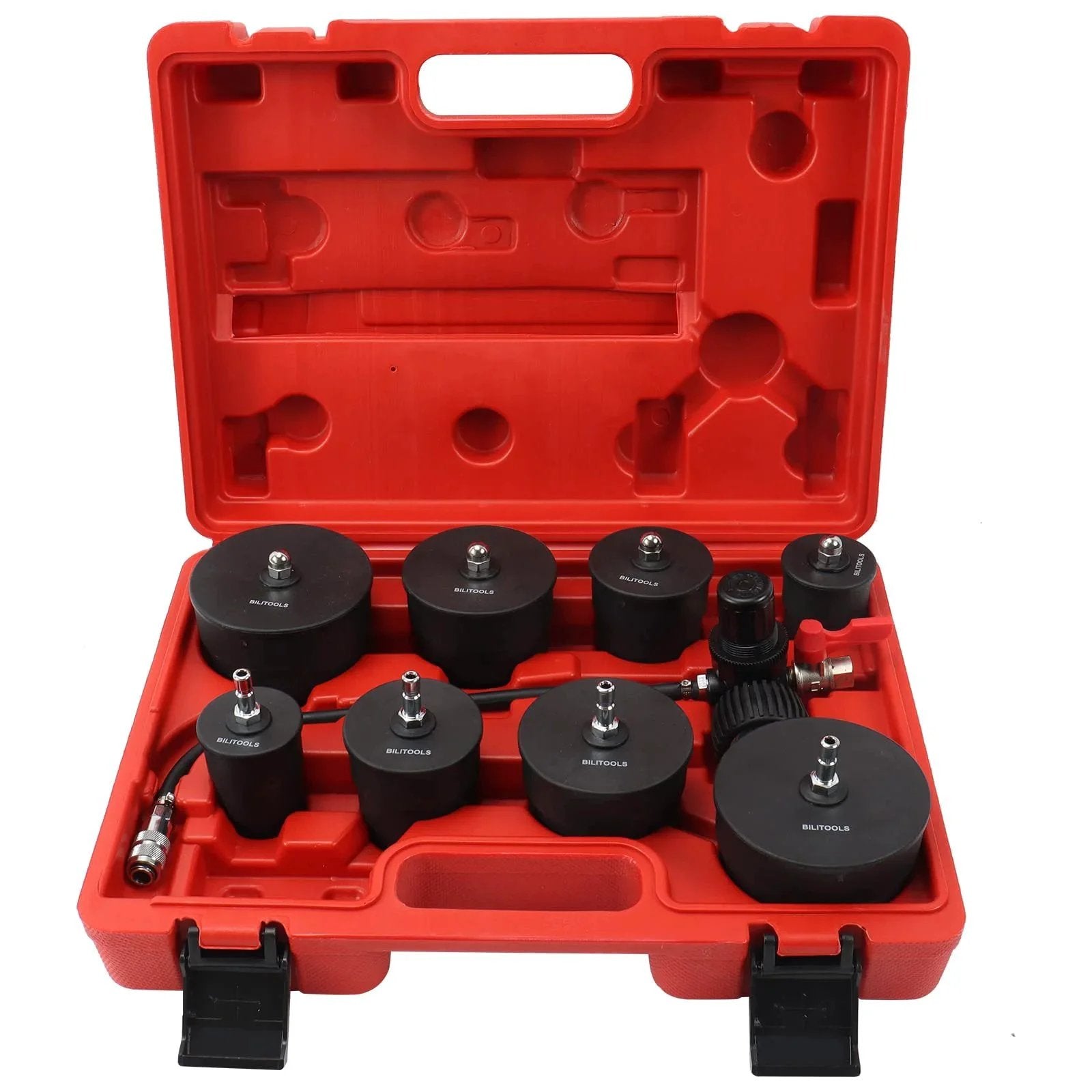 Open red case showing Turbo System Leakage Tester Kit for Turbocharger and Boost Lines Nine Piece Set With Low Pressure Shop Air