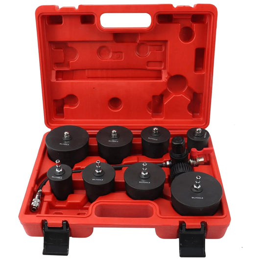 Open red case showing Turbo System Leakage Tester Kit for Turbocharger and Boost Lines Nine Piece Set With Low Pressure Shop Air