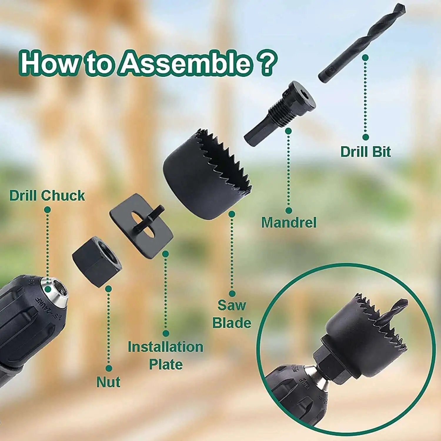 Exploded view showing assembly of Ultimate 19 Piece Hole Saw Kit With 13 Blades Ranging From 19mm To 152mm Plus 2 Mandrels 2 Drill Bits