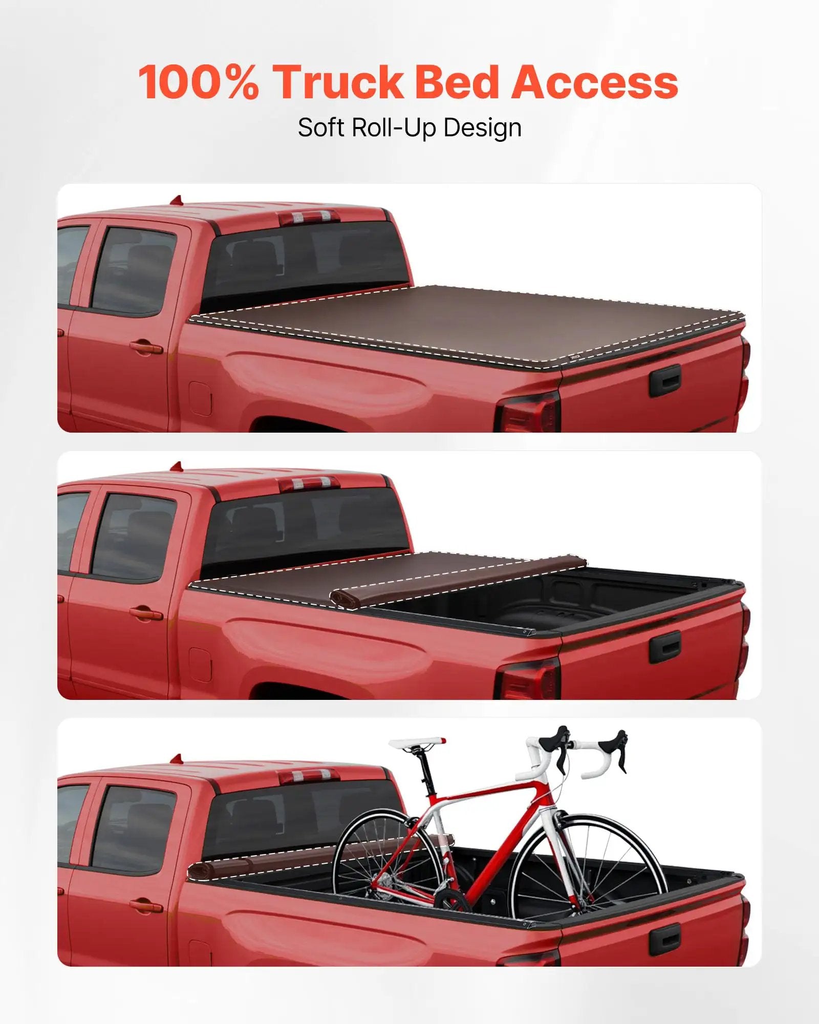 Soft Roll Up Truck Bed Tonneau Cover For 6 Ft 4 In Beds Built To Last Fits 2019 2024 Ram 1500 Classic And 2003 2025 Ram 2500 3500 deployed on red truck, showing bike in bed.