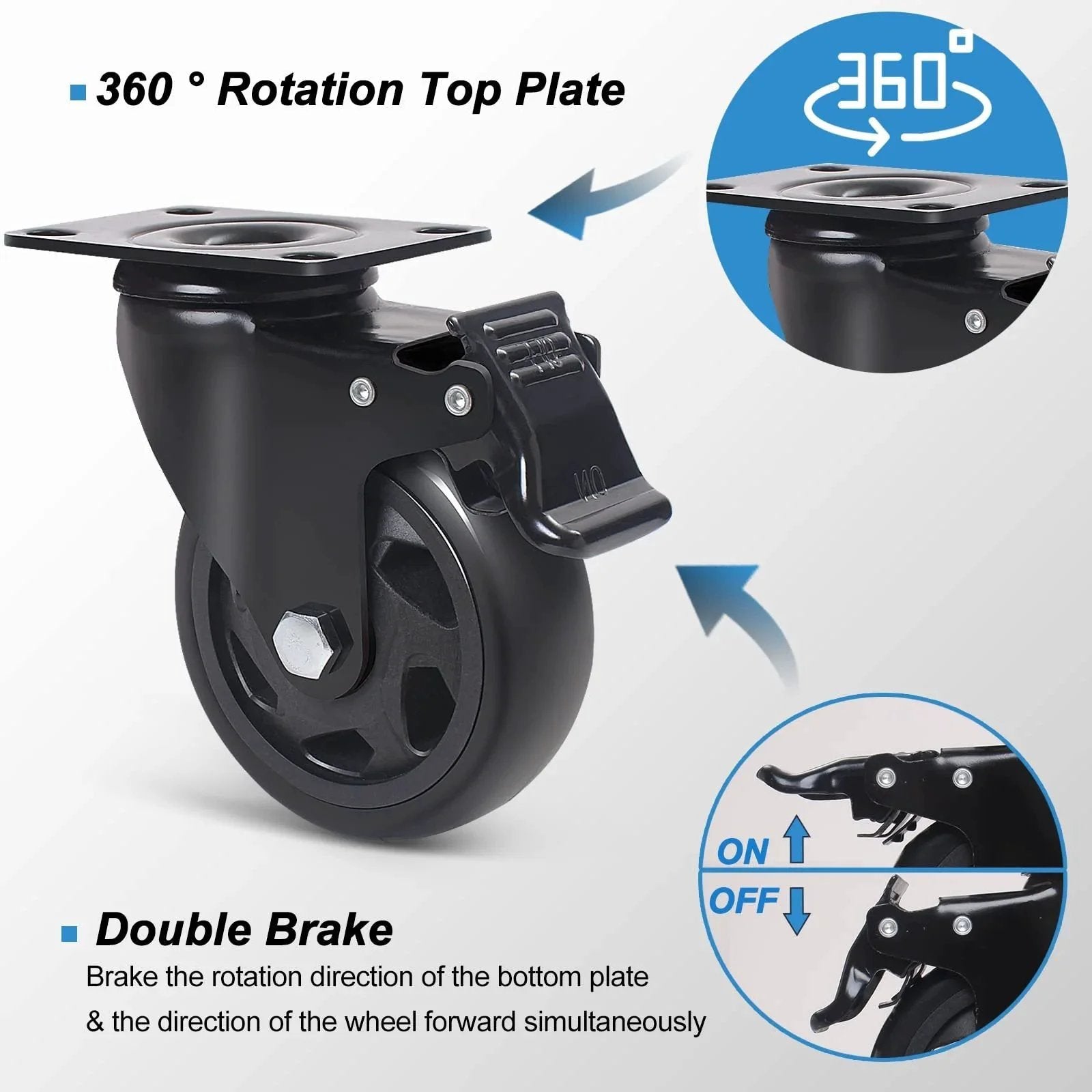 5 Inch Swivel Caster Wheels Set Of 4 Heavy Duty Casters With Brakes Polyurethane Locking Casters for carts and trolleys, black